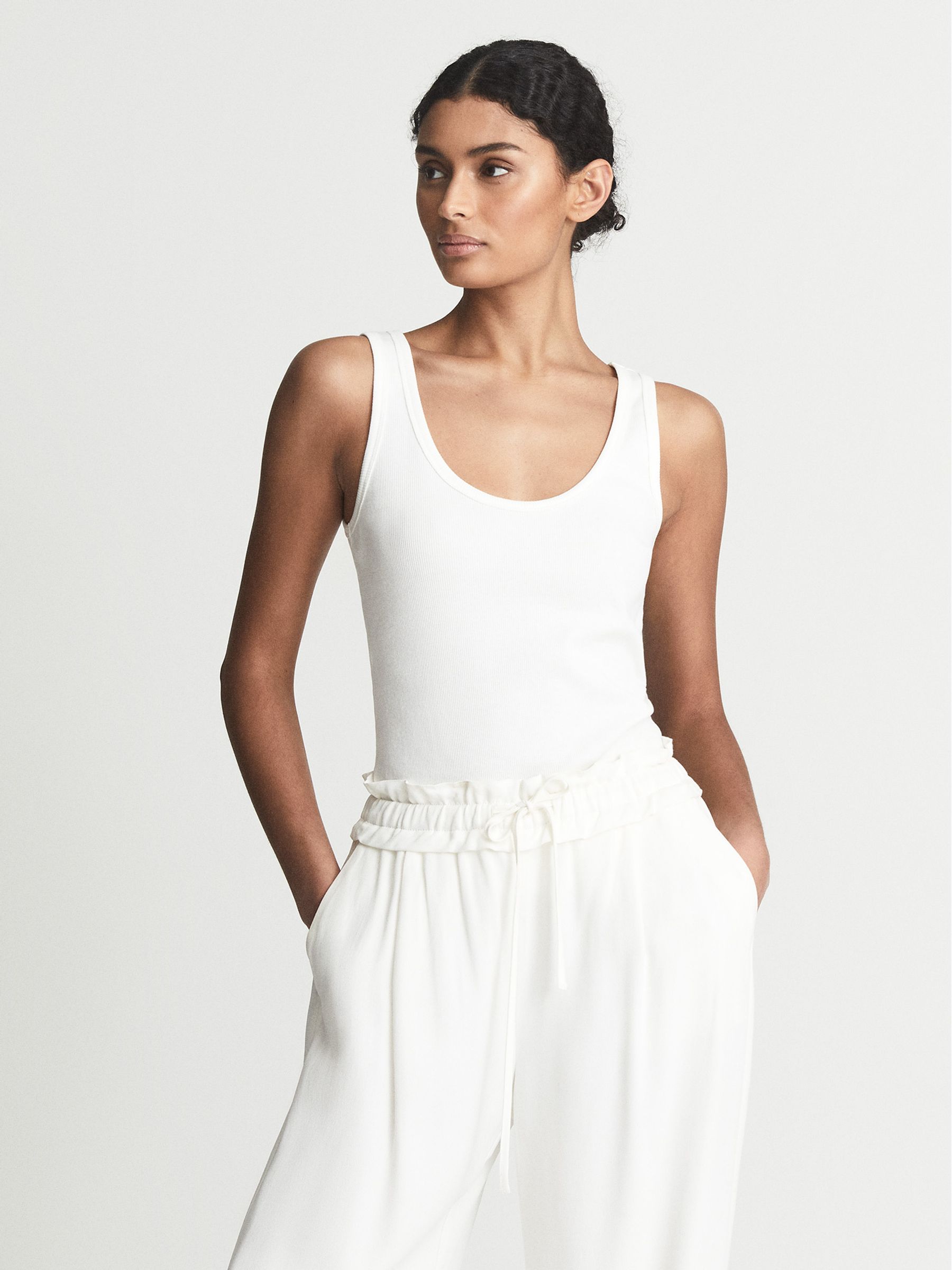 Scoop Neck Ribbed Jersey Vest Top in White - Image 6 of 6