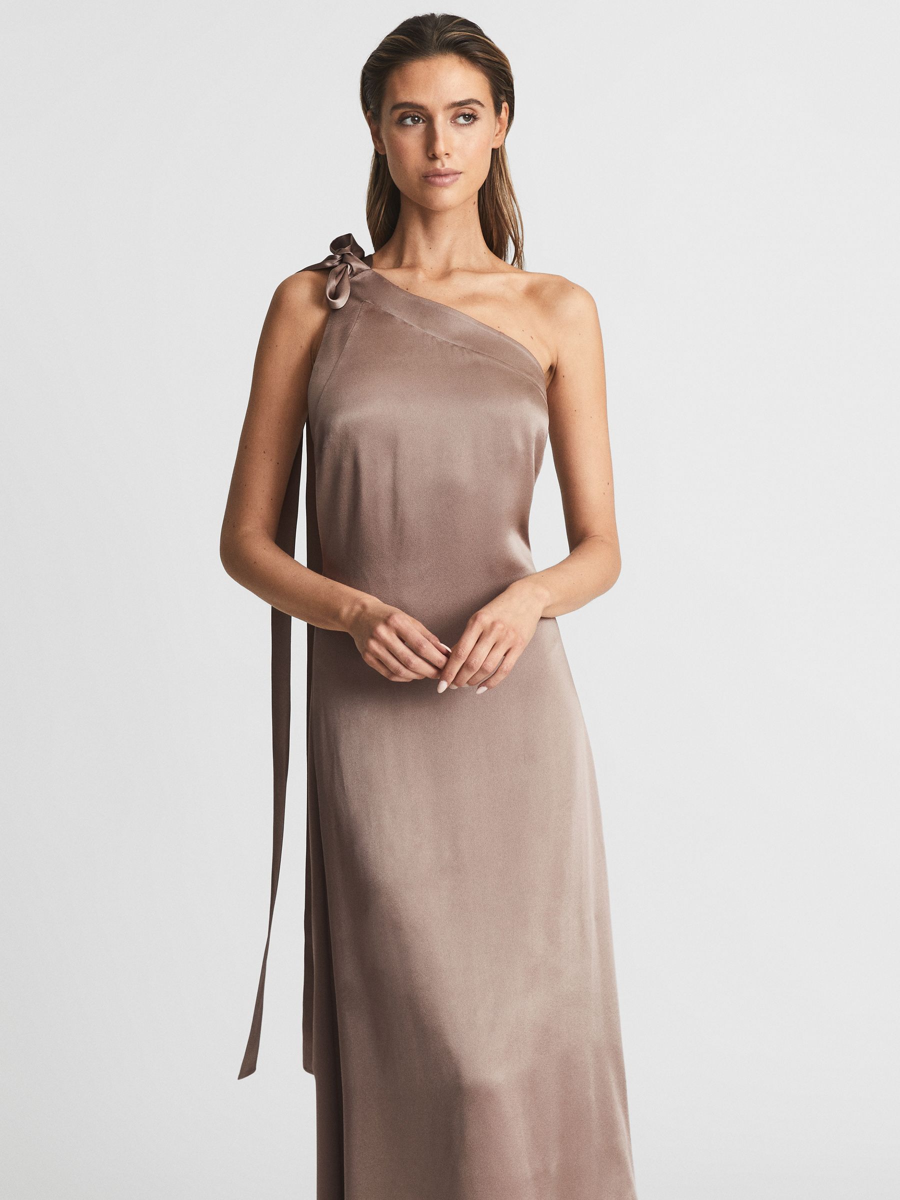 One Shoulder Asymmetric Maxi Dress in Mink - Image 4 of 6
