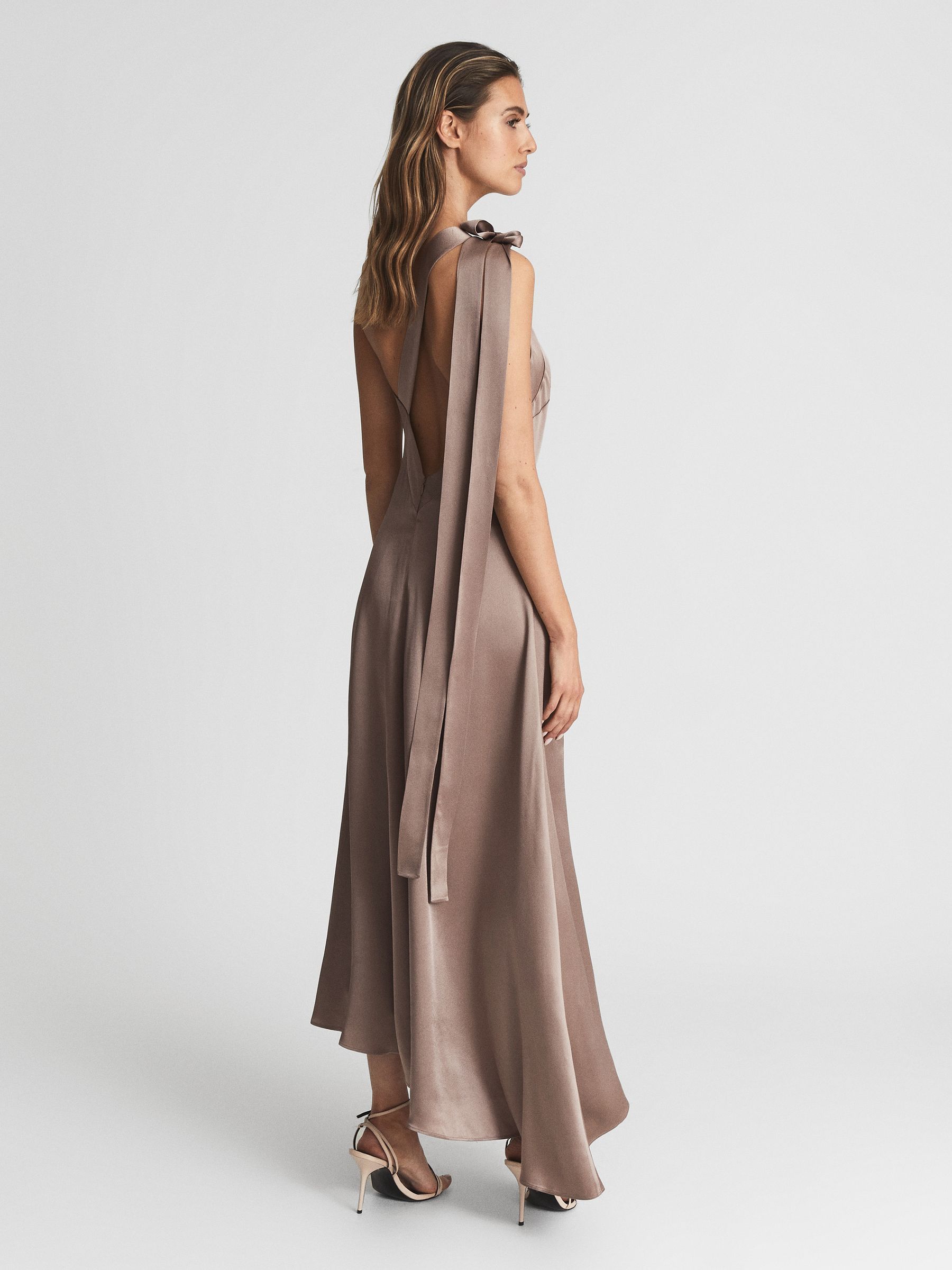 Reiss One Shoulder Asymmetric Maxi Dress in Mink | REISS