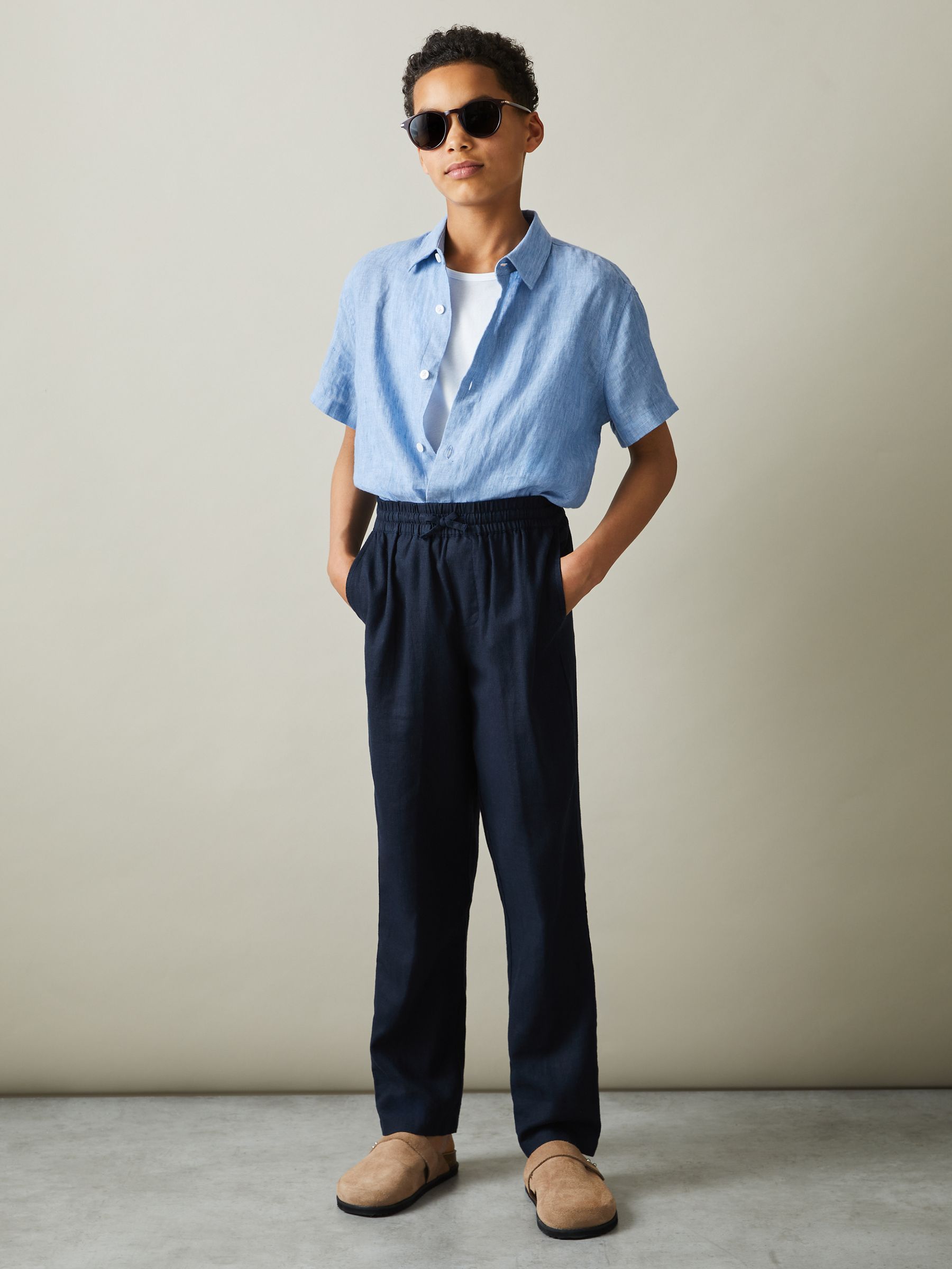 3-9 yrs Short Sleeve Linen Shirt in Soft Blue - Image 1 of 7