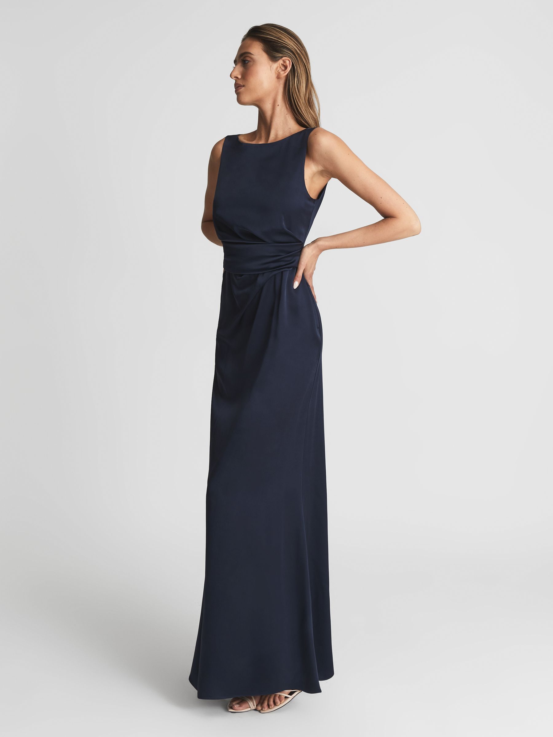 Reiss Drape Front Maxi Dress in Navy - REISS
