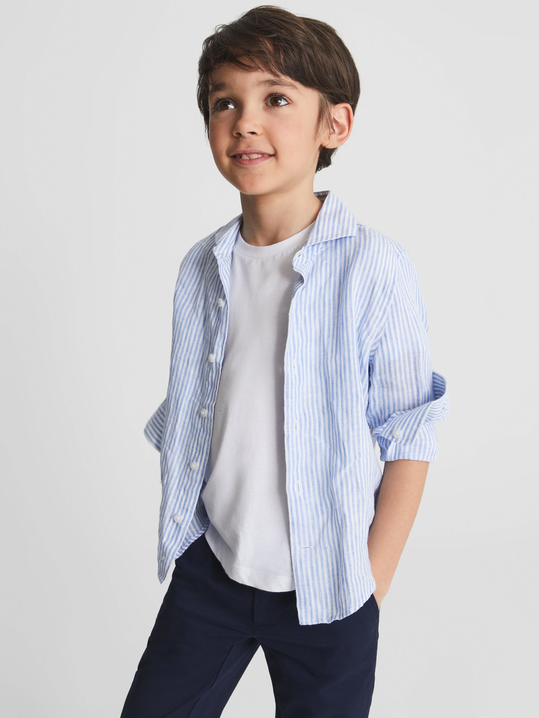 Linen Regular Fit Shirt in White/Blue - Image 1 of 6