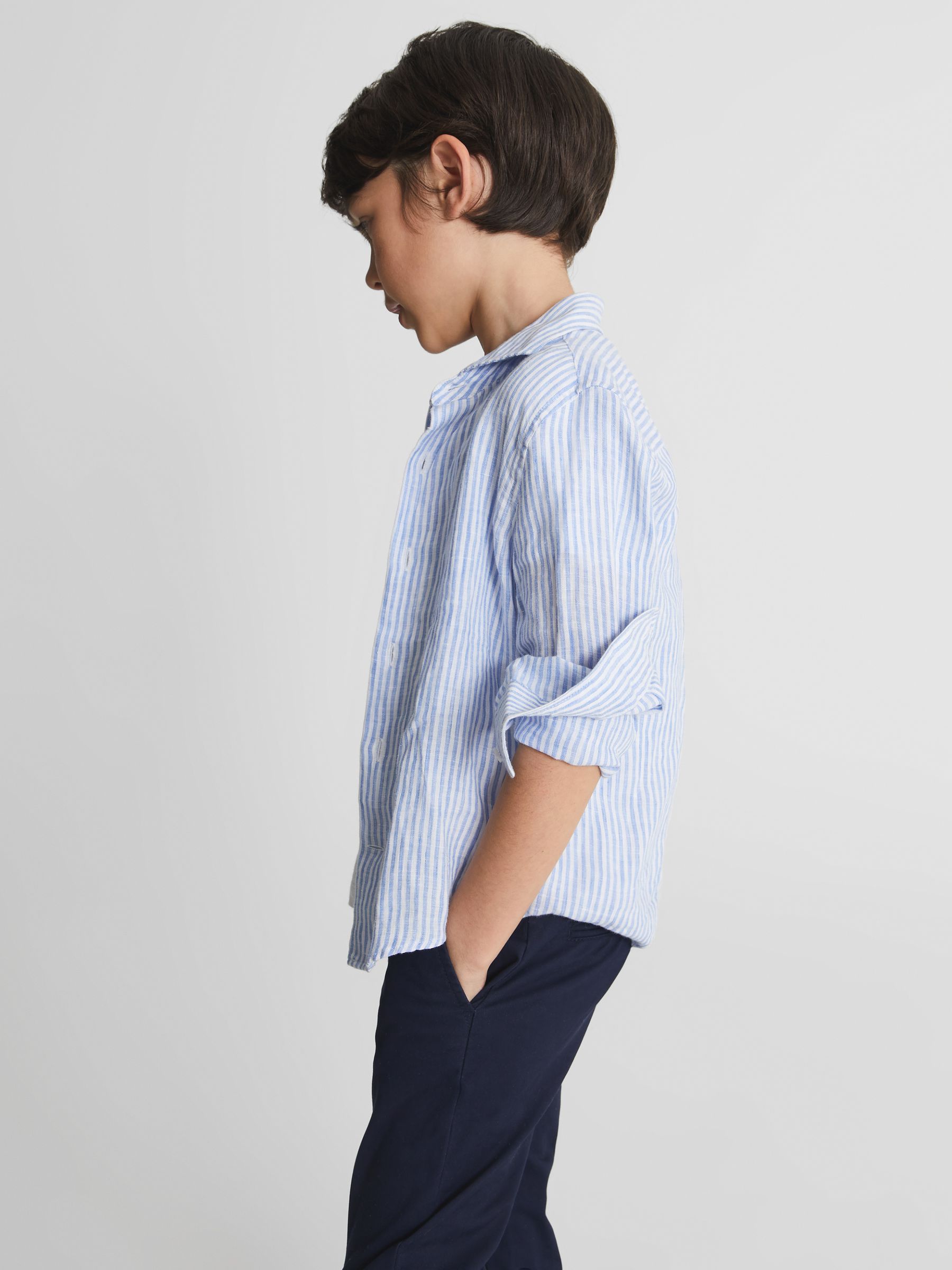 Linen Regular Fit Shirt in White/Blue - Image 3 of 6