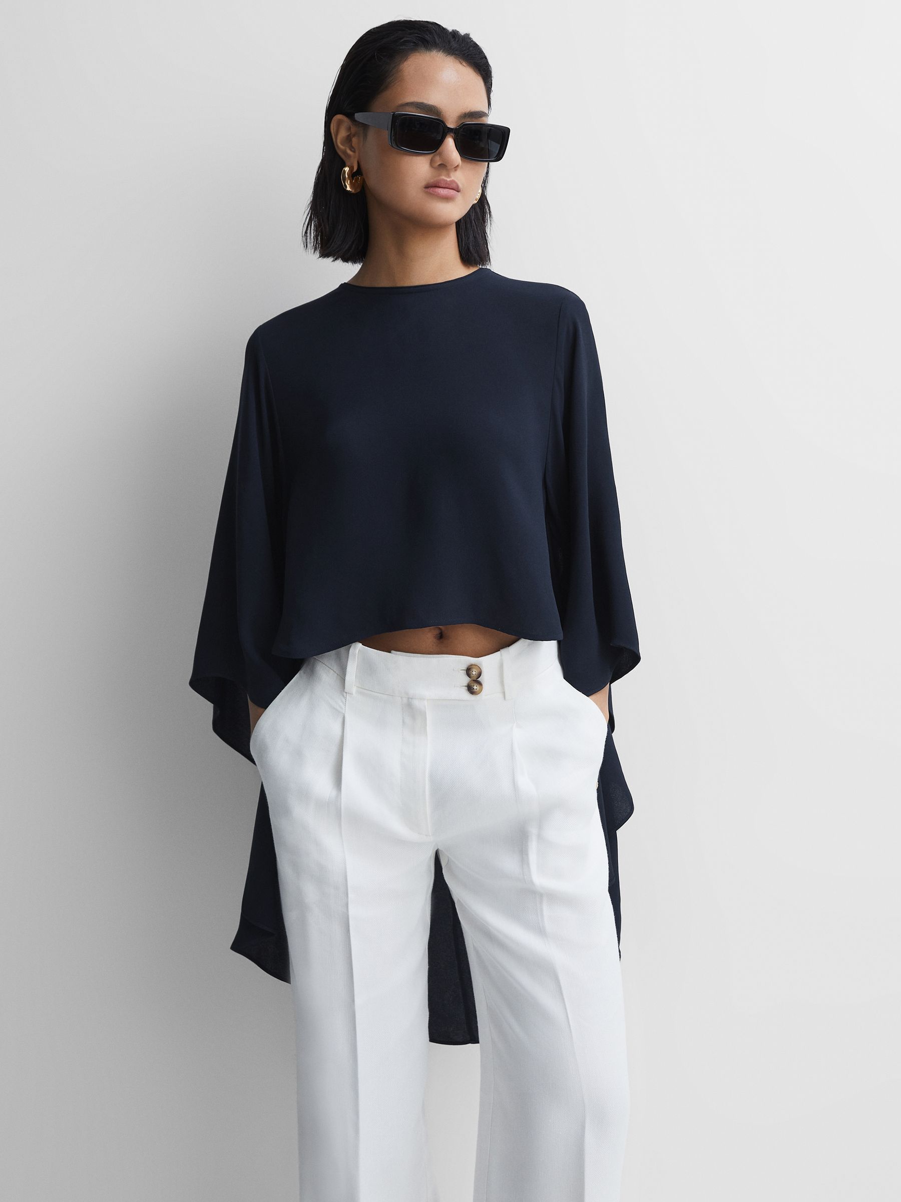 Cape Crew Neck Blouse in Navy - Image 3 of 5
