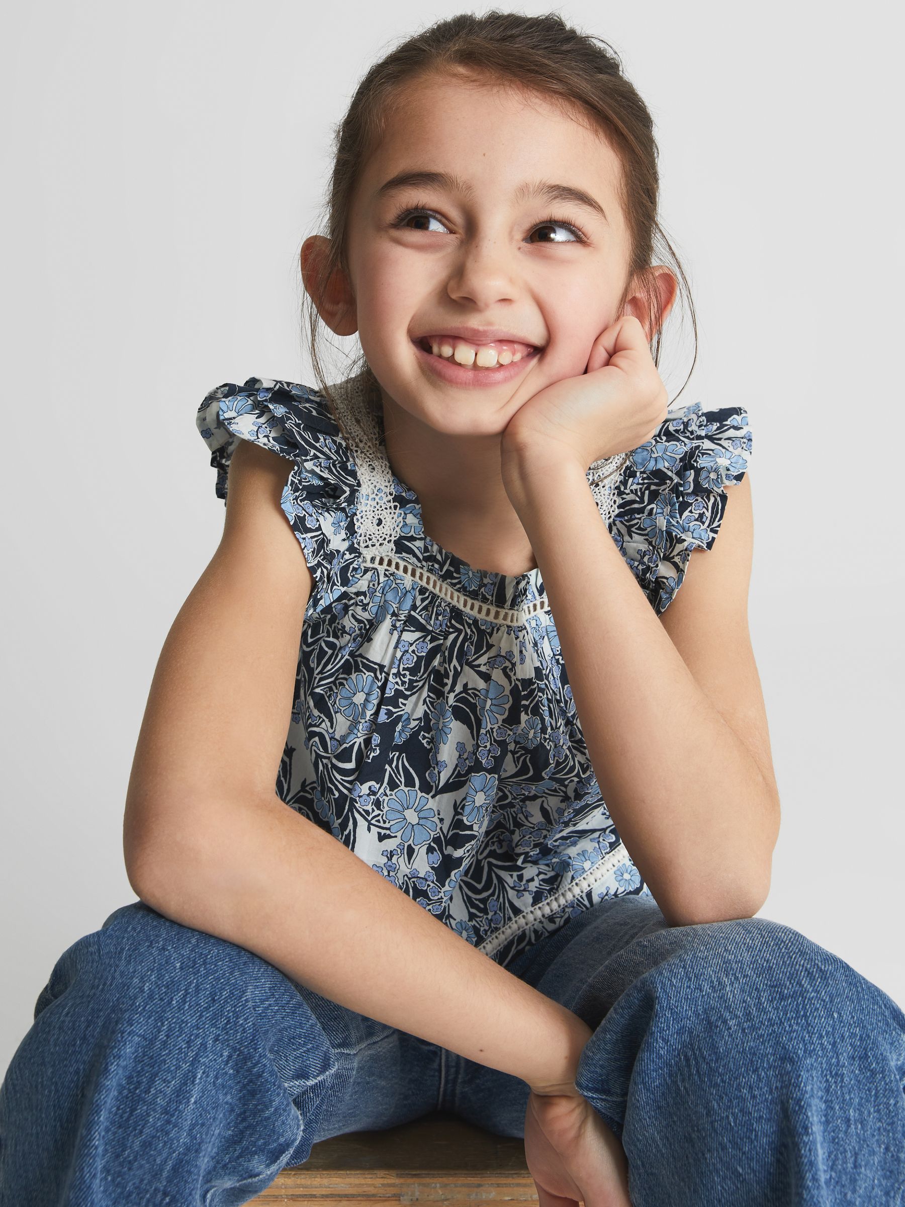 Ruffle Shoulder Top in Blue Print - Image 1 of 1