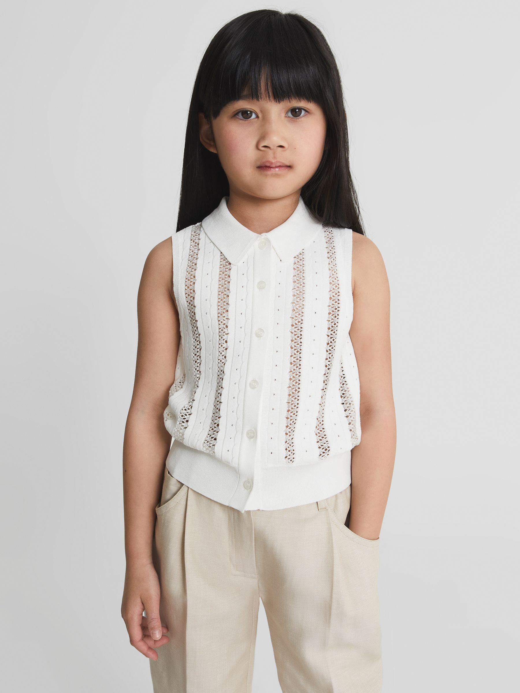 Knitted Button Through Cami Top in Ivory - Image 1 of 6
