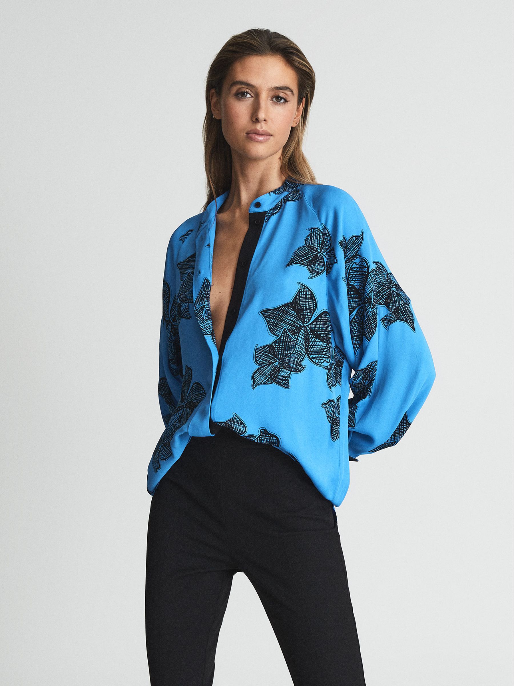 Printed Floral-Sketch Satin Blouse in Blue - Image 3 of 5