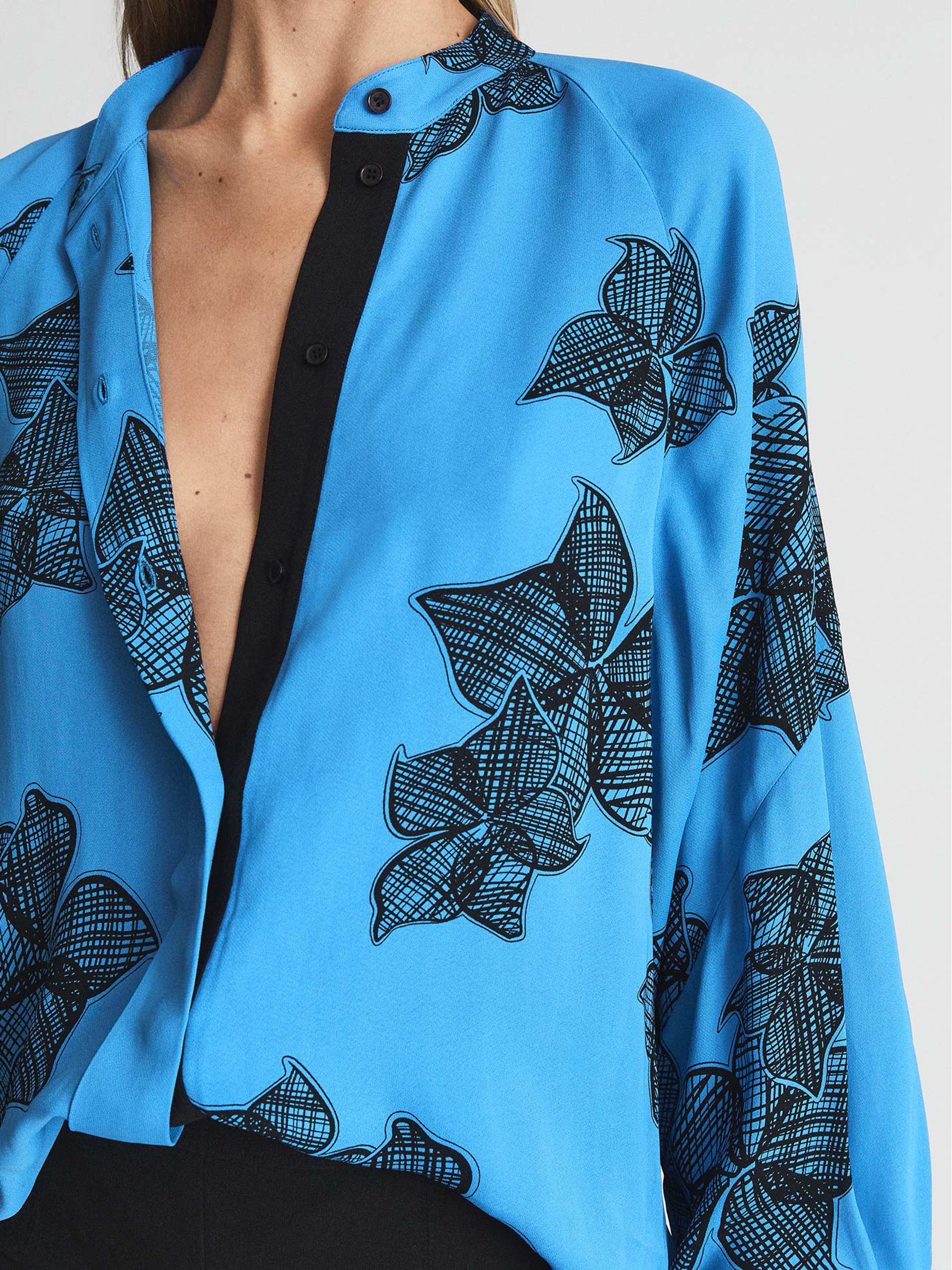 Printed Floral-Sketch Satin Blouse in Blue - Image 4 of 5