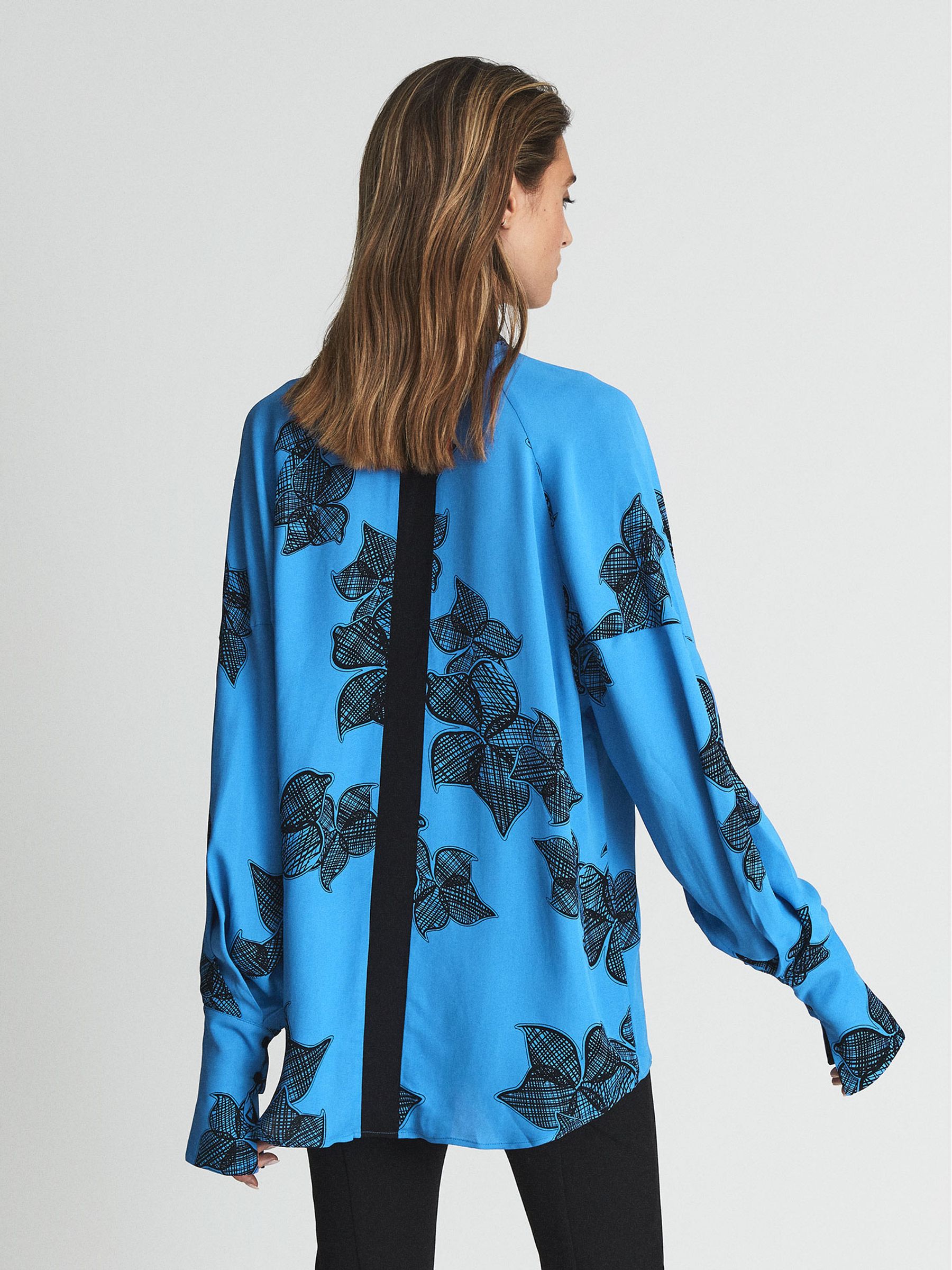 Printed Floral-Sketch Satin Blouse in Blue - Image 5 of 5