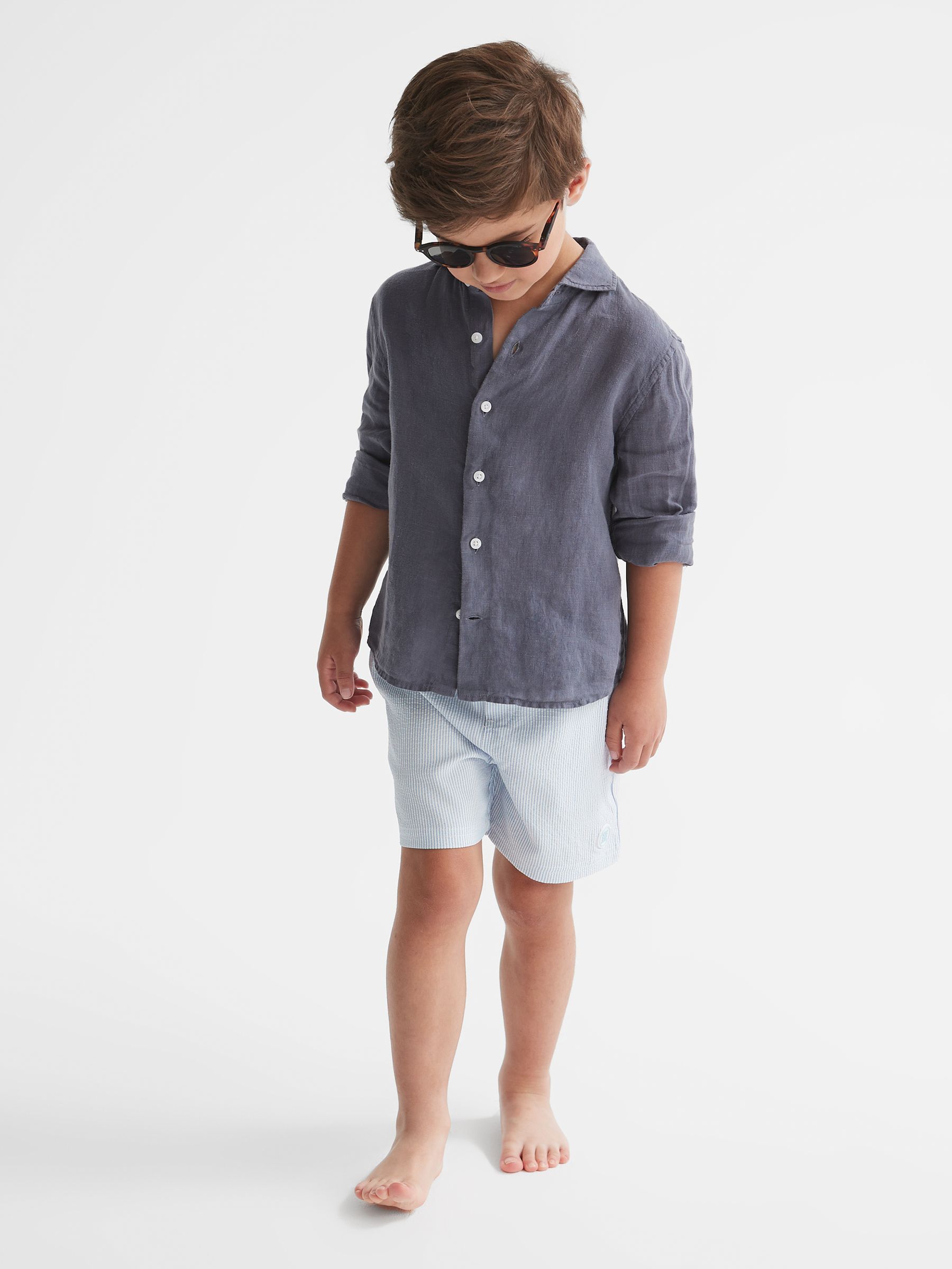 Seersucker Stripe Swim Shorts in Sky Blue/White - Image 1 of 7