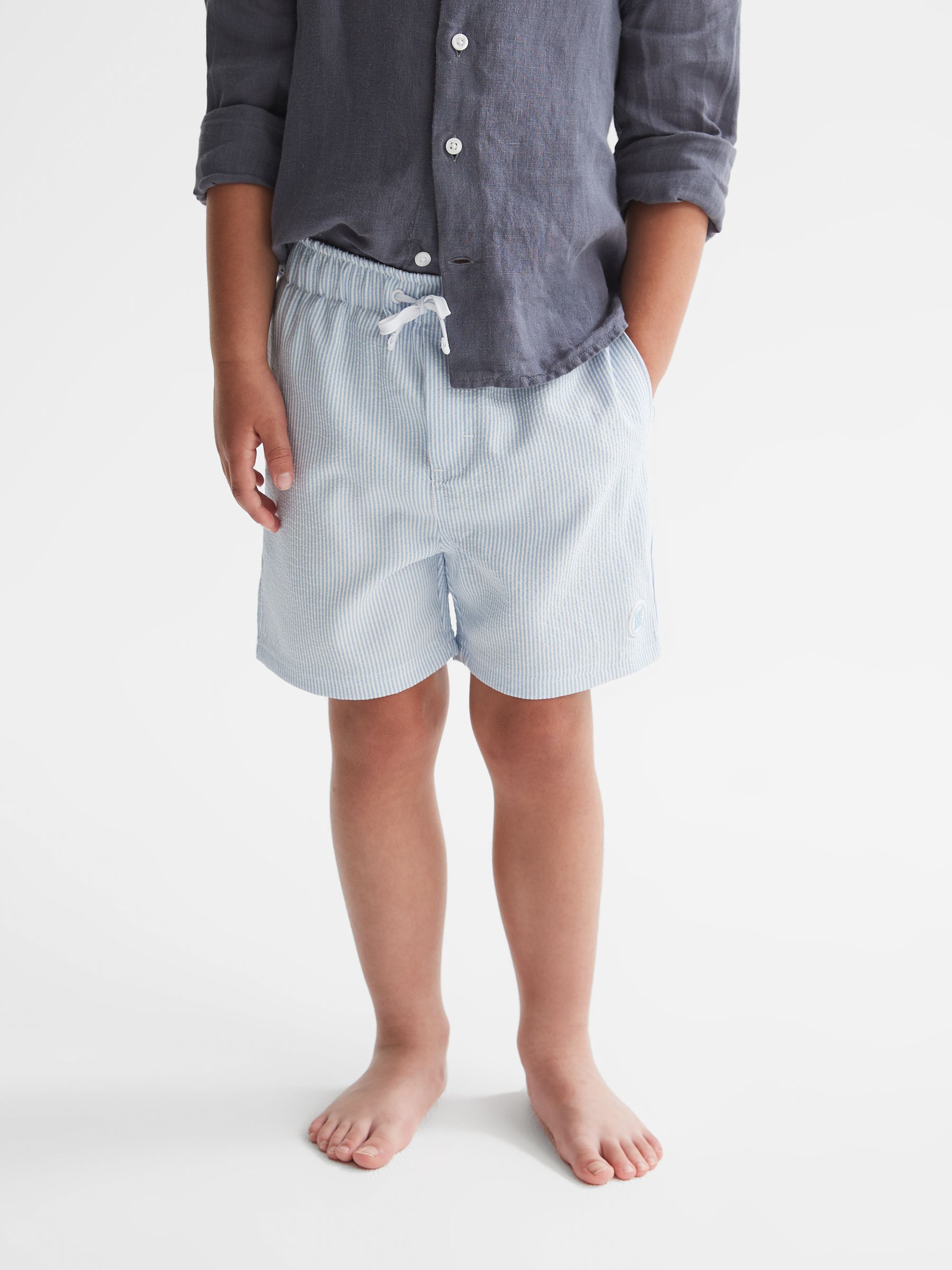 Seersucker Stripe Swim Shorts in Sky Blue/White - Image 3 of 7