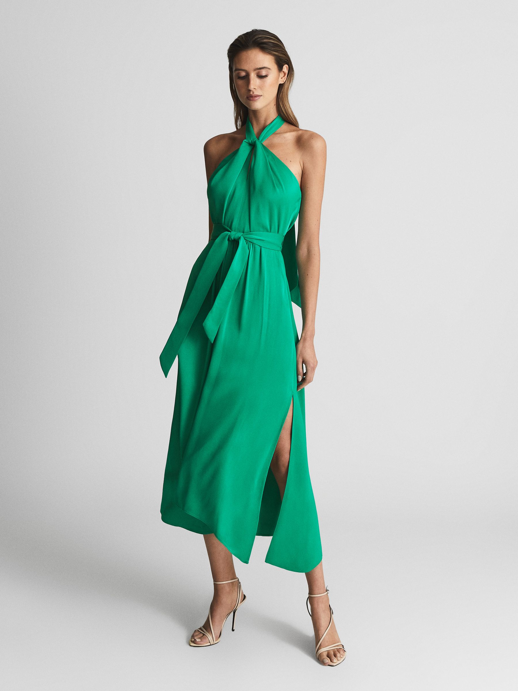 Tie Waist Halterneck Midi Dress in Green - Image 1 of 6