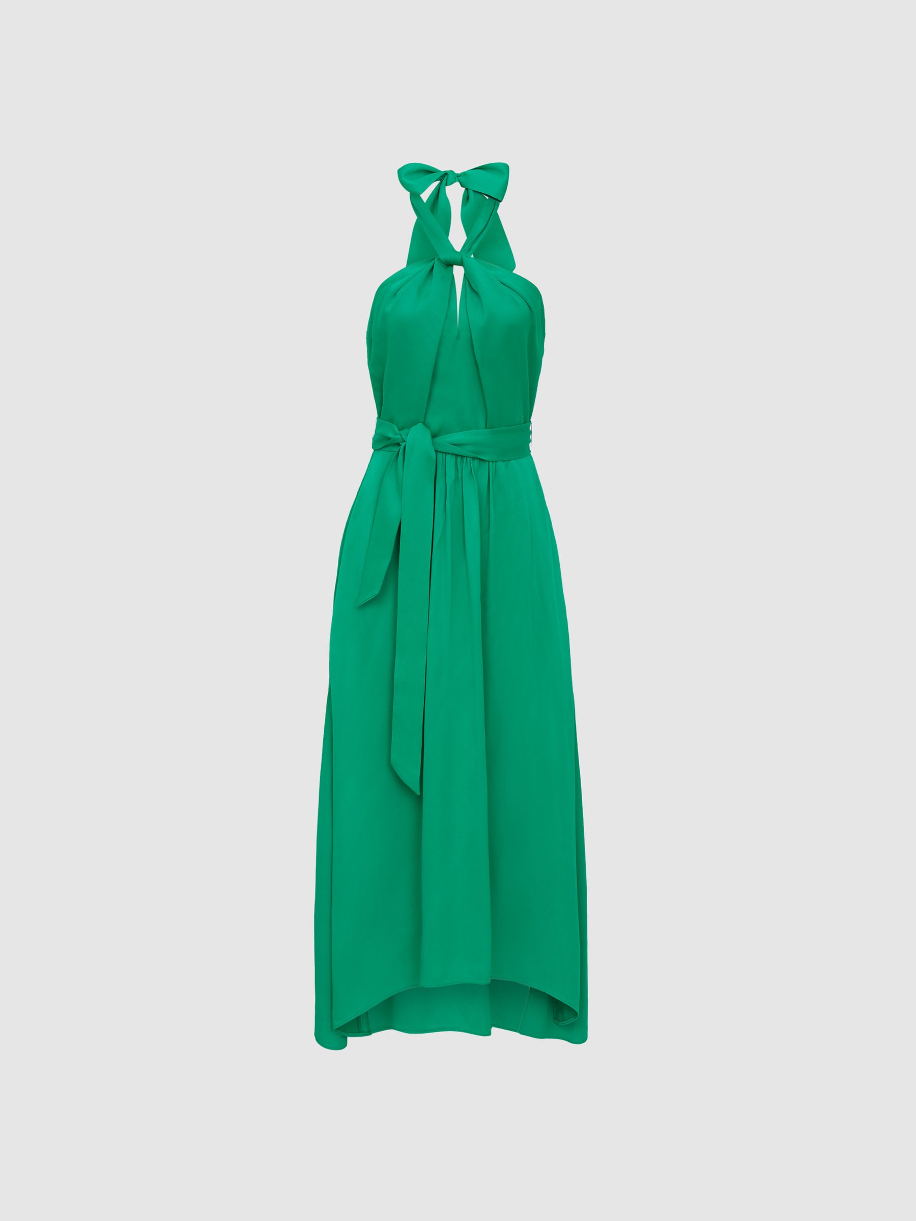 Reiss Tie Waist Halterneck Midi Dress in Green | REISS