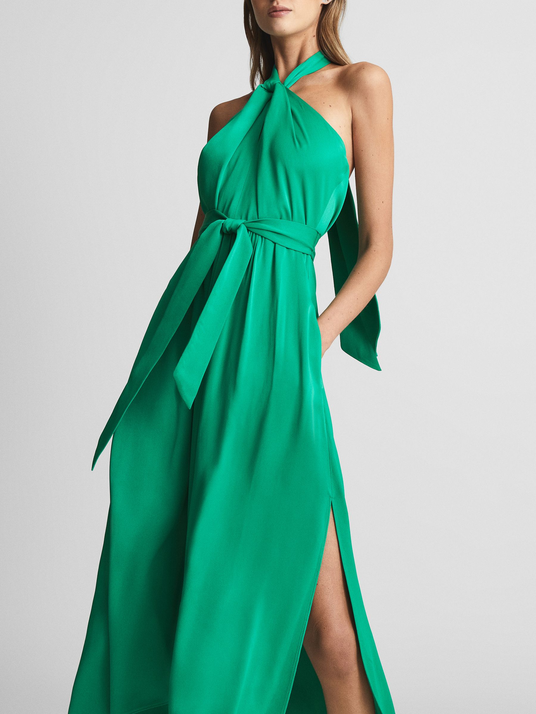 Tie Waist Halterneck Midi Dress in Green - Image 3 of 6