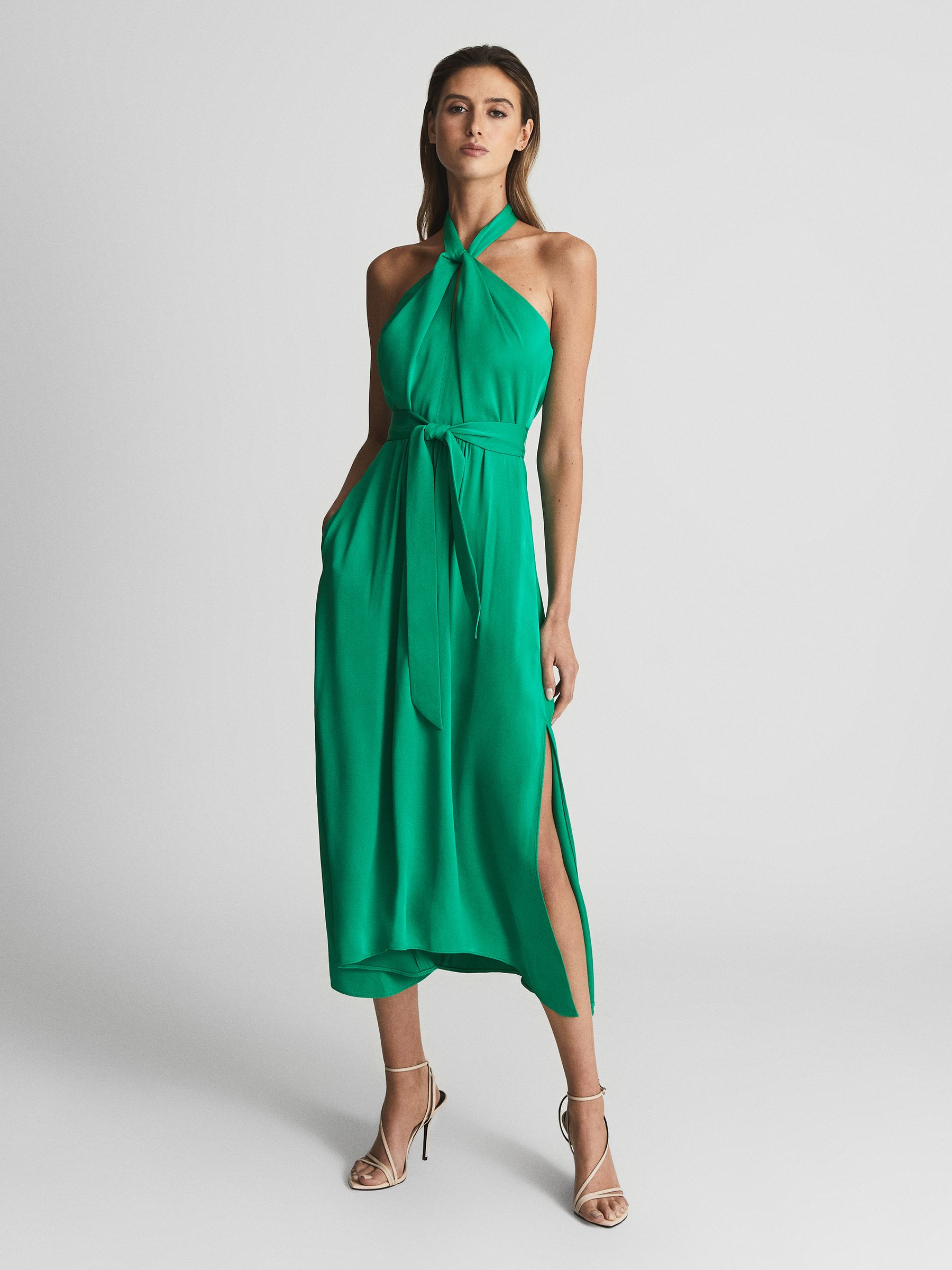 Tie Waist Halterneck Midi Dress in Green - Image 4 of 6
