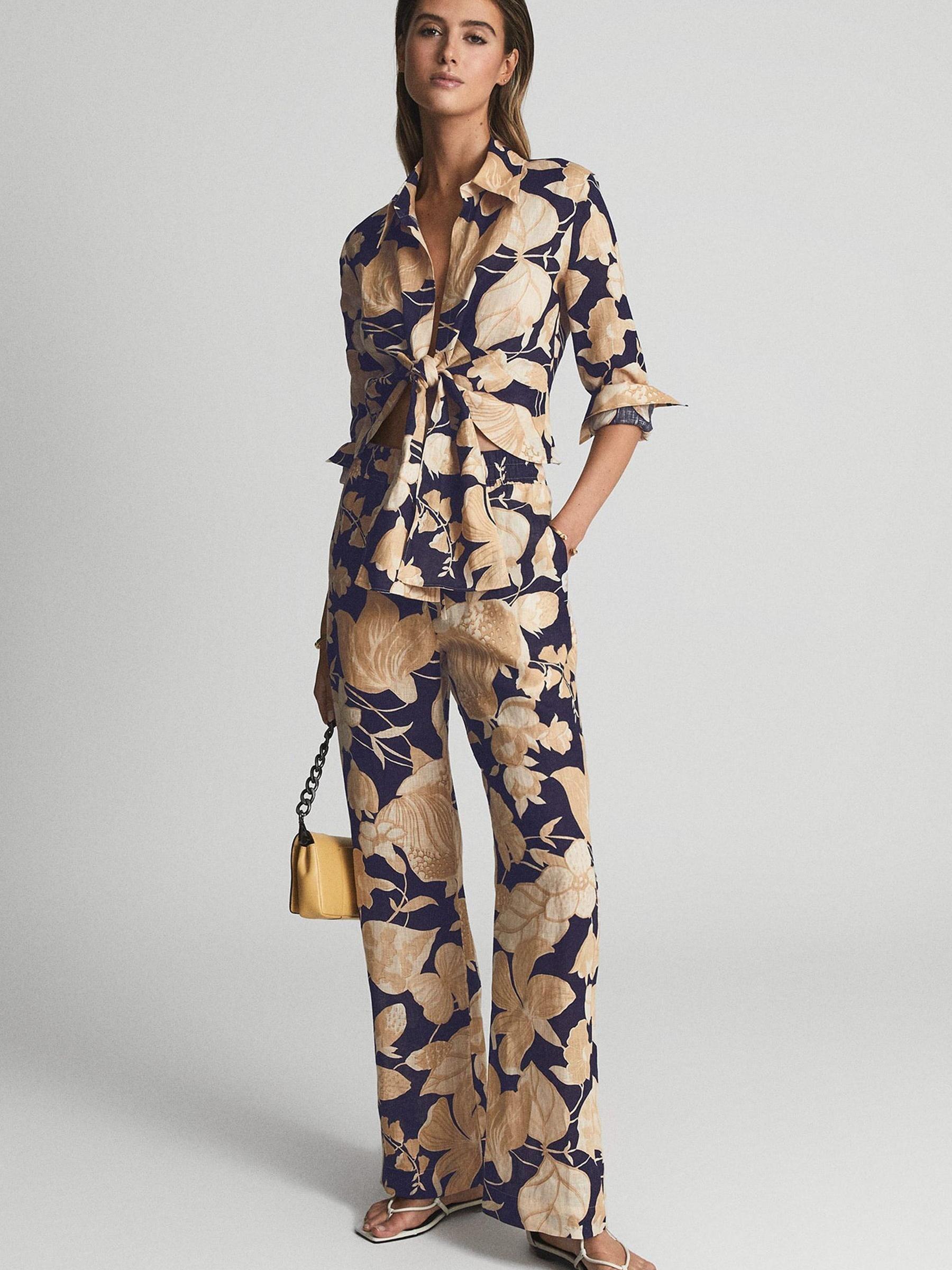 Printed Wide Leg Linen Trousers in Navy Print - Image 1 of 7 Printed Wide Leg Linen Trousers in Navy Print - Image 1 of 7