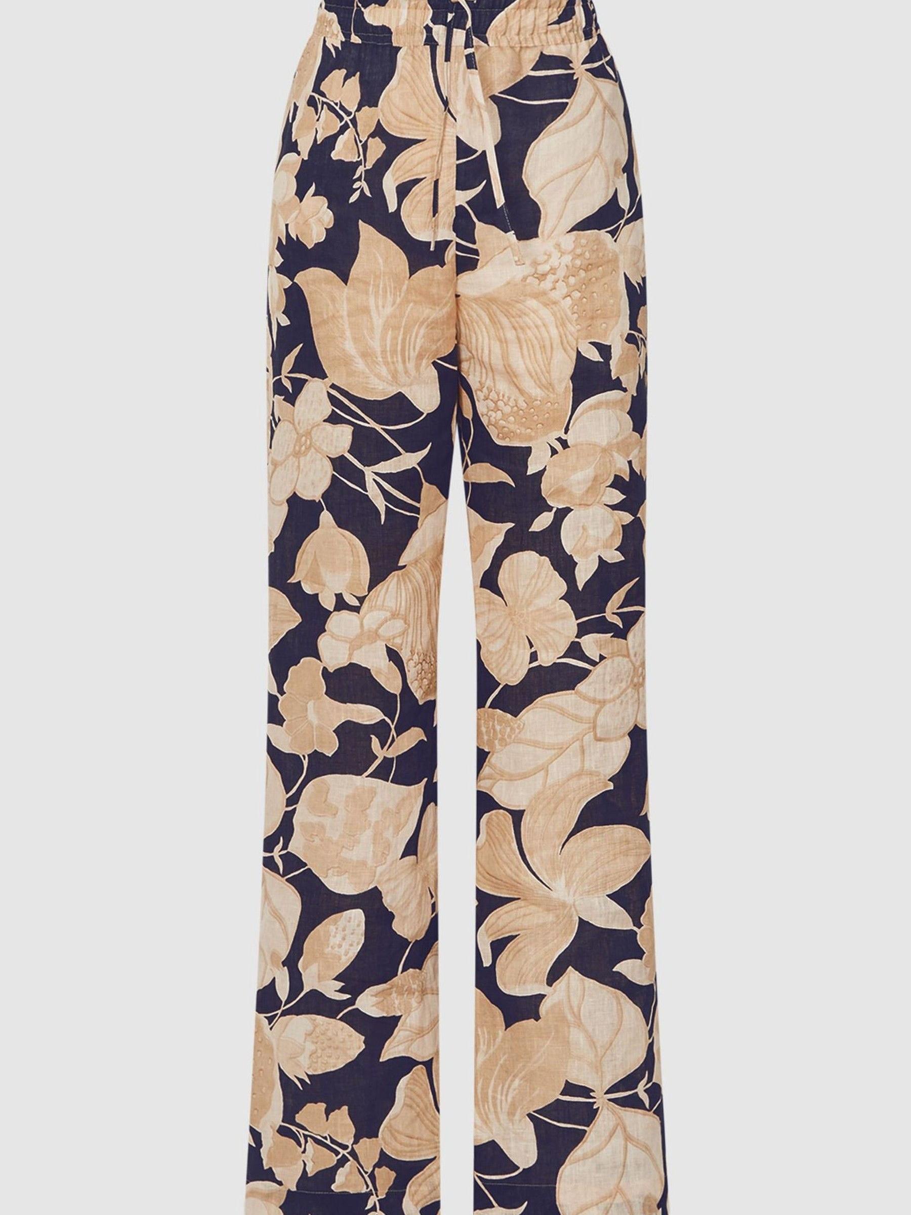 Printed Wide Leg Linen Trousers in Navy Print - Image 2 of 7