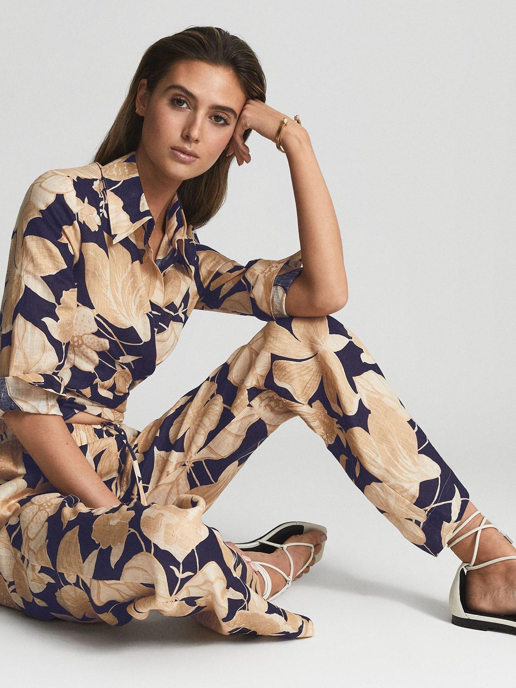 Printed Wide Leg Linen Trousers in Navy Print - Image 3 of 7