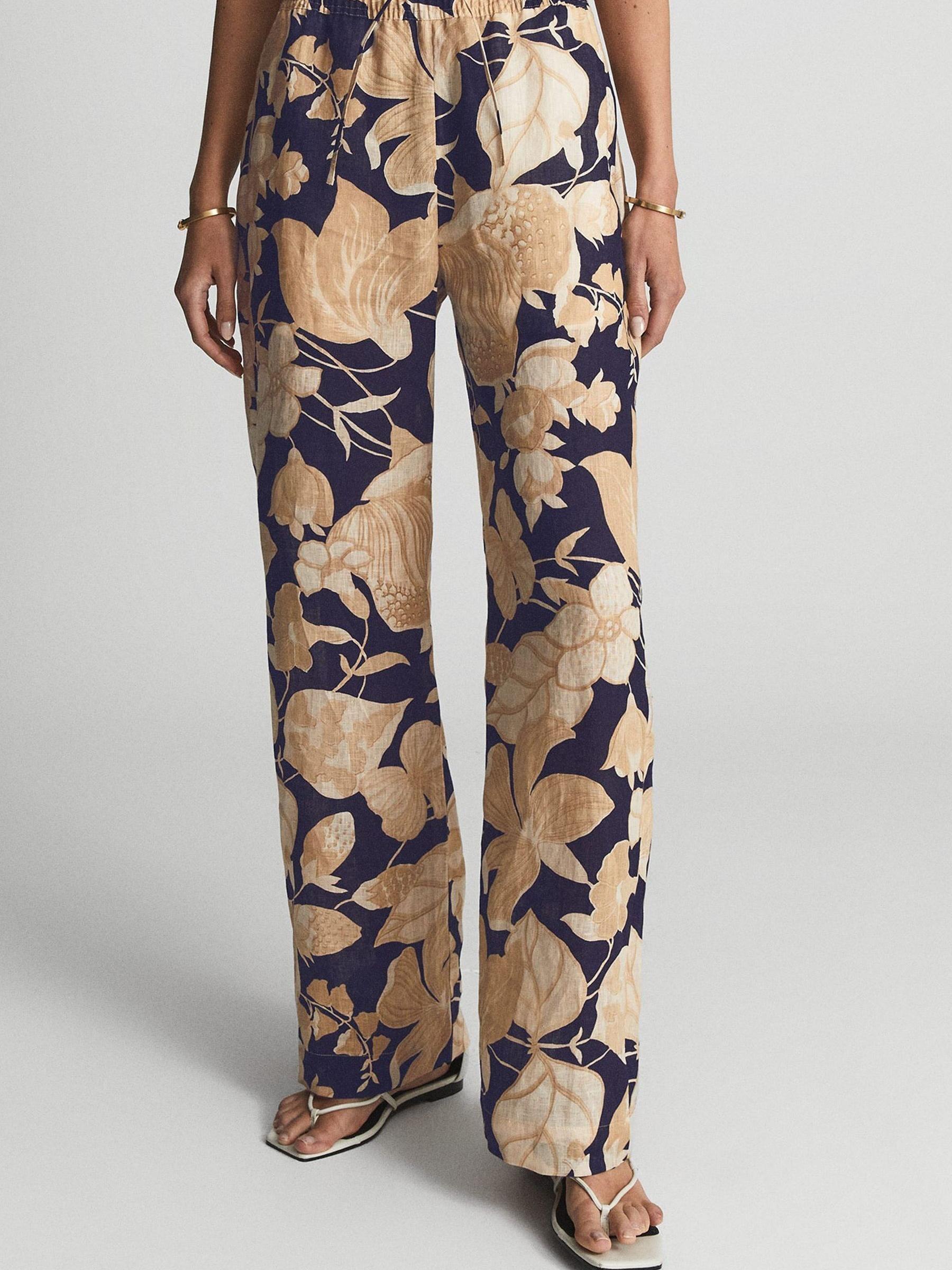 Printed Wide Leg Linen Trousers in Navy Print - Image 4 of 7
