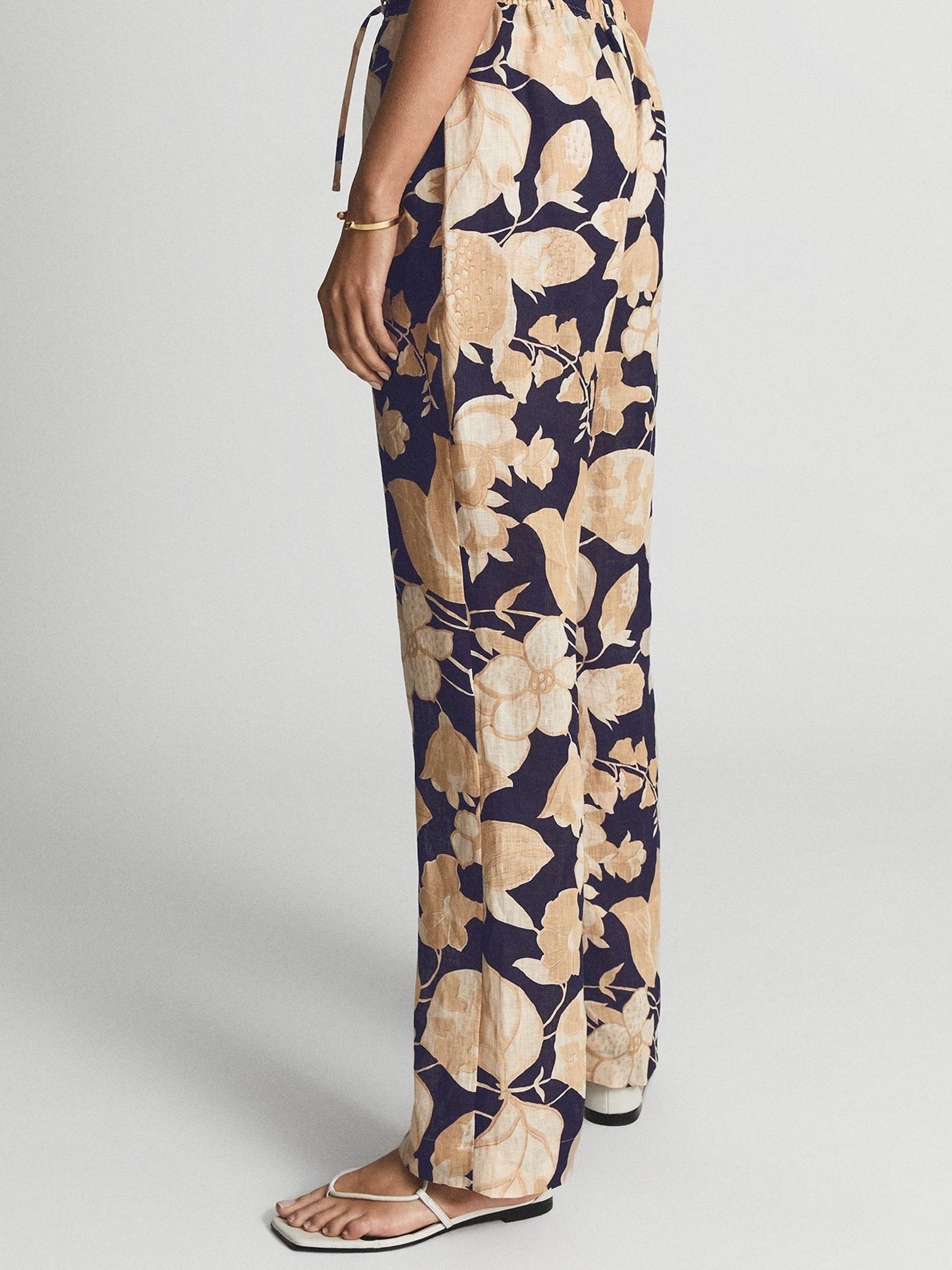 Printed Wide Leg Linen Trousers in Navy Print - Image 5 of 7