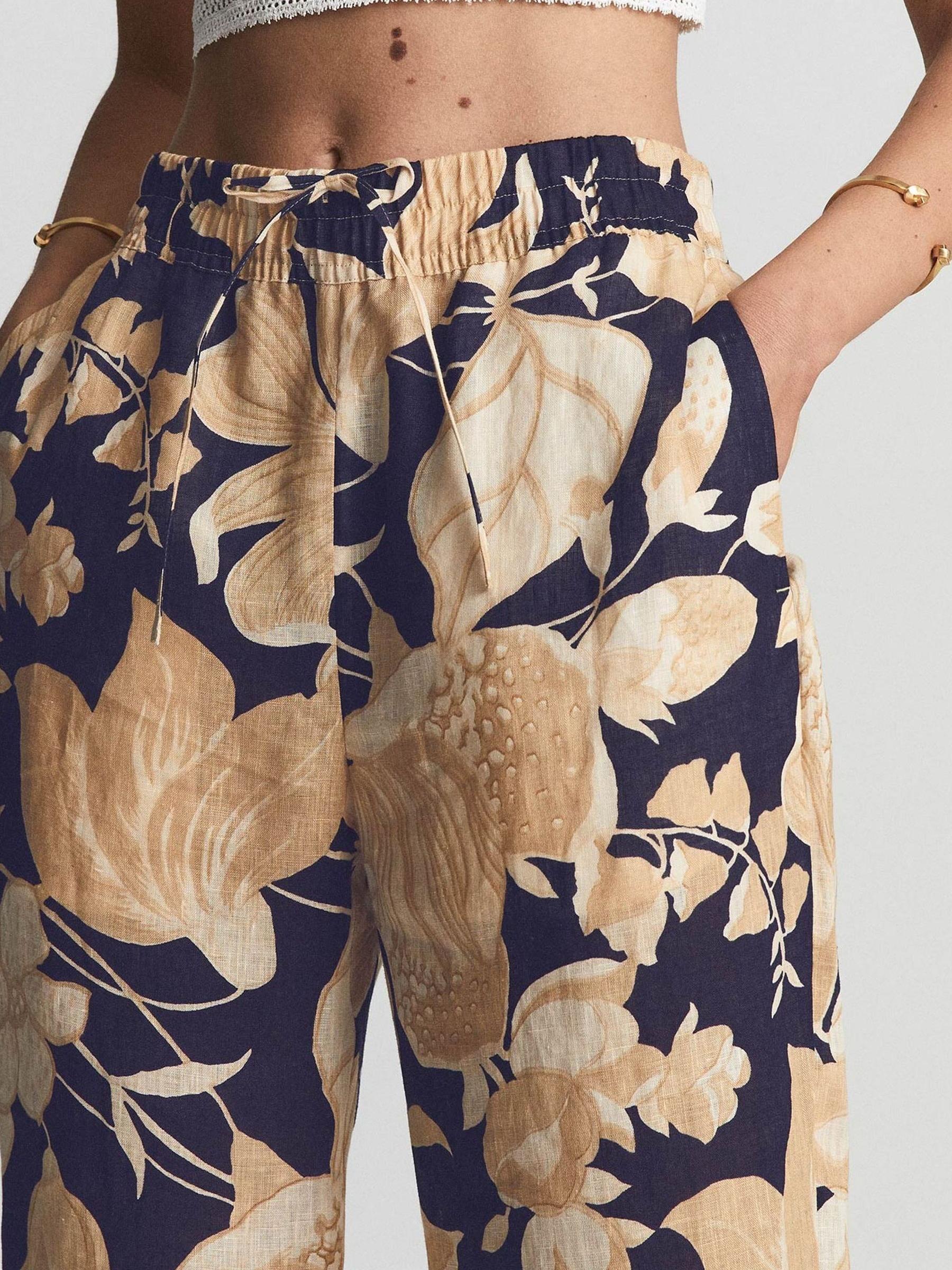 Printed Wide Leg Linen Trousers in Navy Print - Image 6 of 7