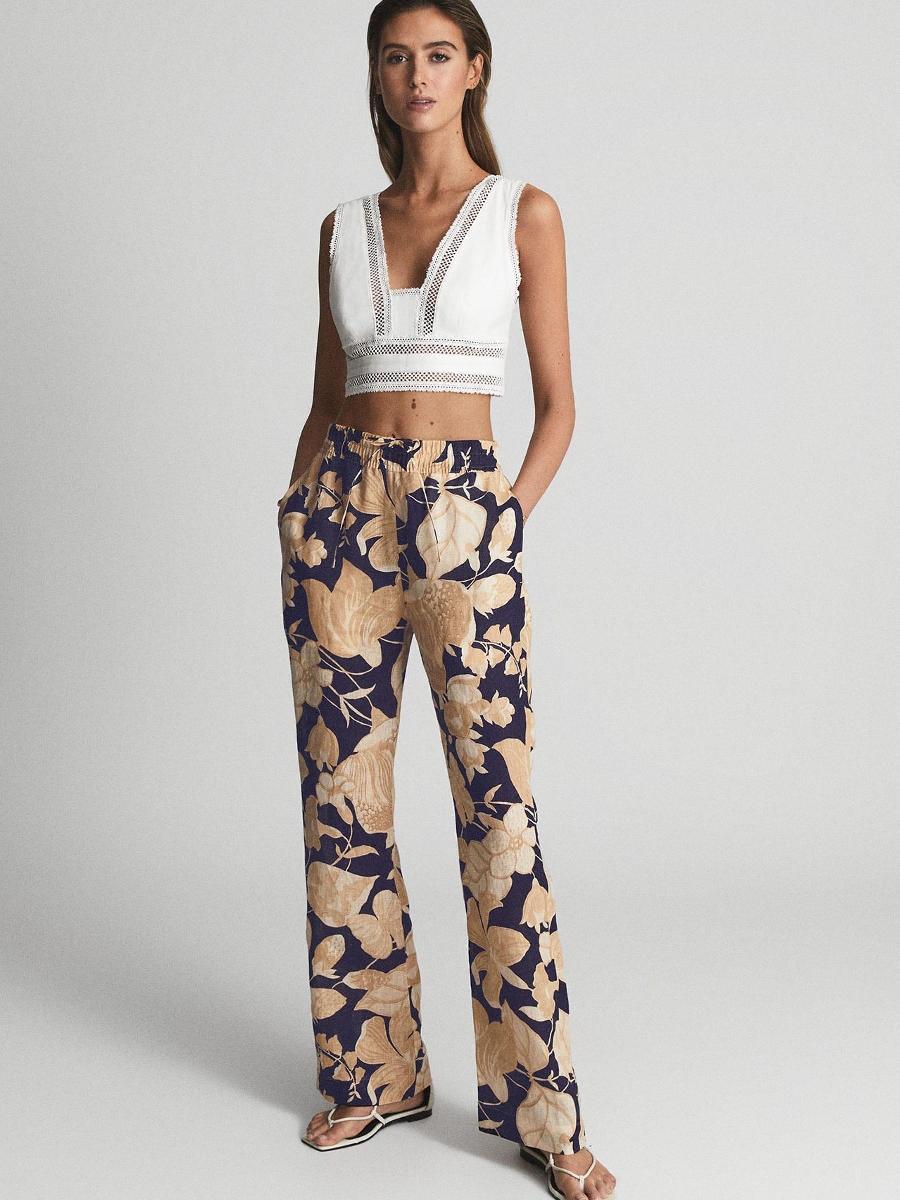 Printed Wide Leg Linen Trousers in Navy Print - Image 7 of 7