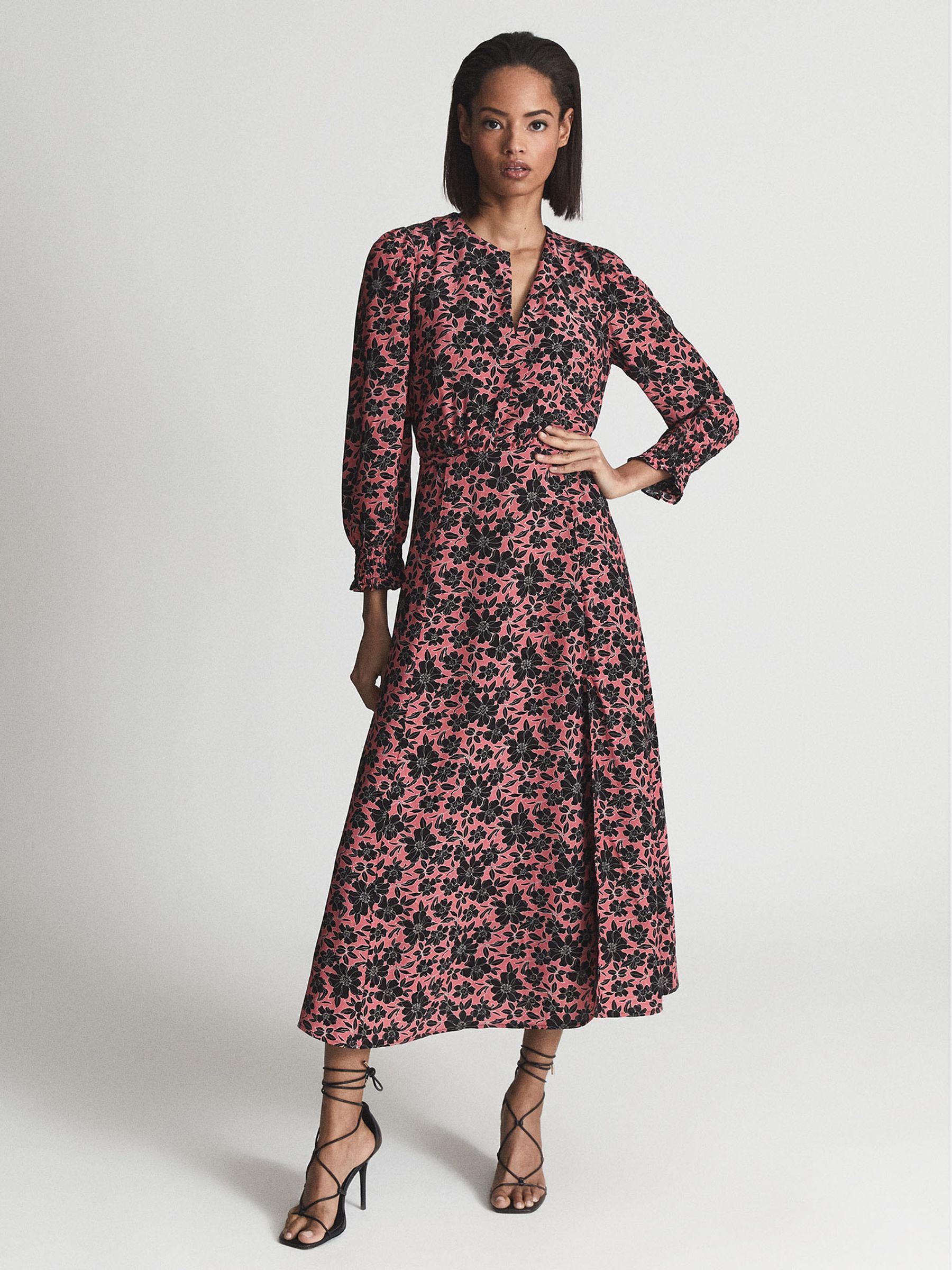 Crew Neck Printed Midi Dress in Black - Image 1 of 6