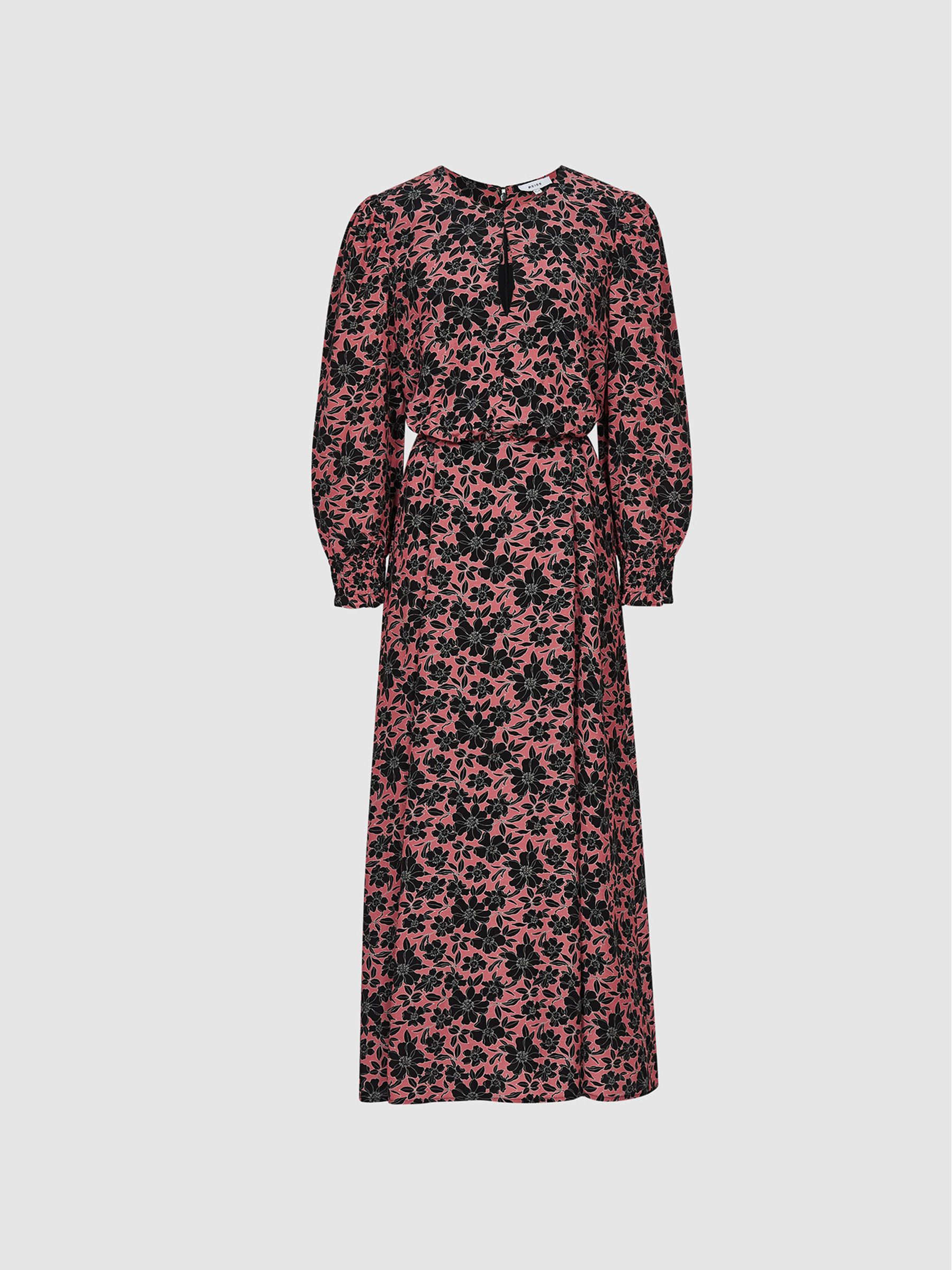 Crew Neck Printed Midi Dress in Black - Image 2 of 6