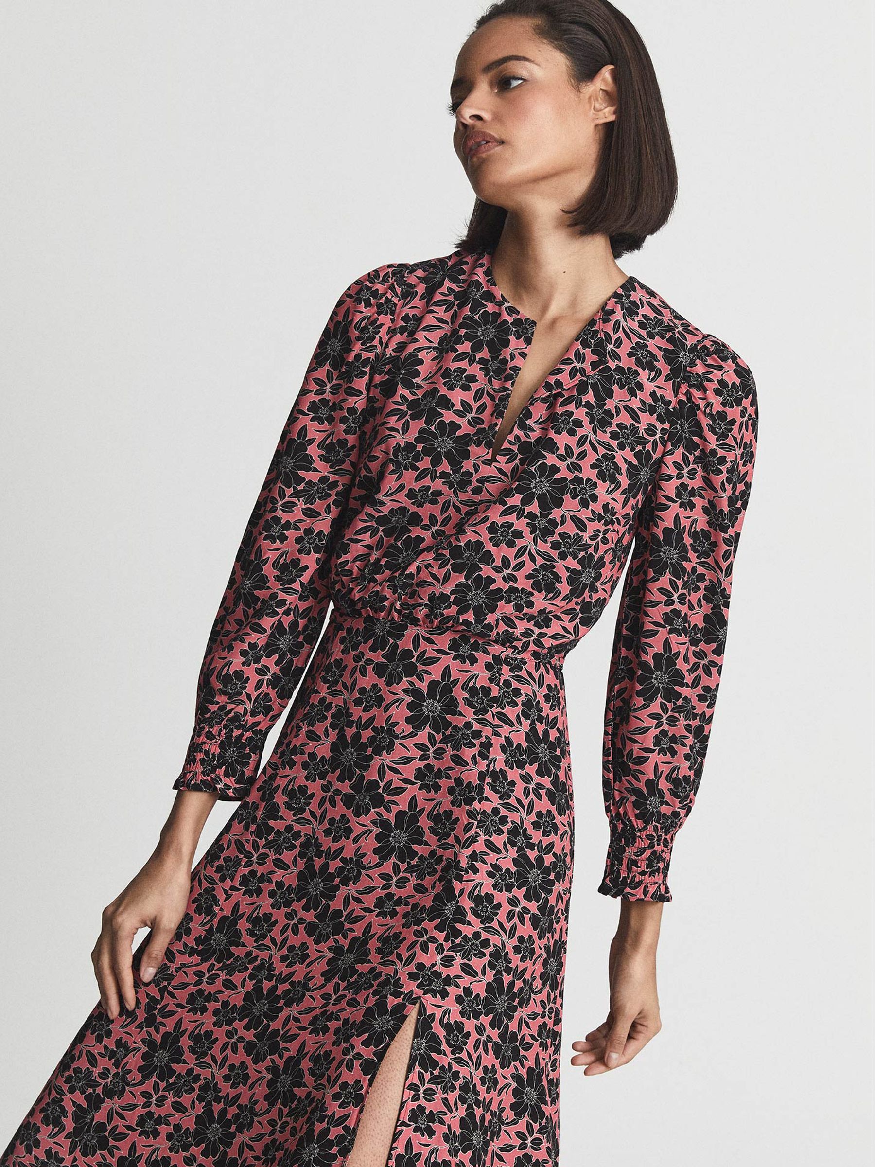 Crew Neck Printed Midi Dress in Black - Image 4 of 6