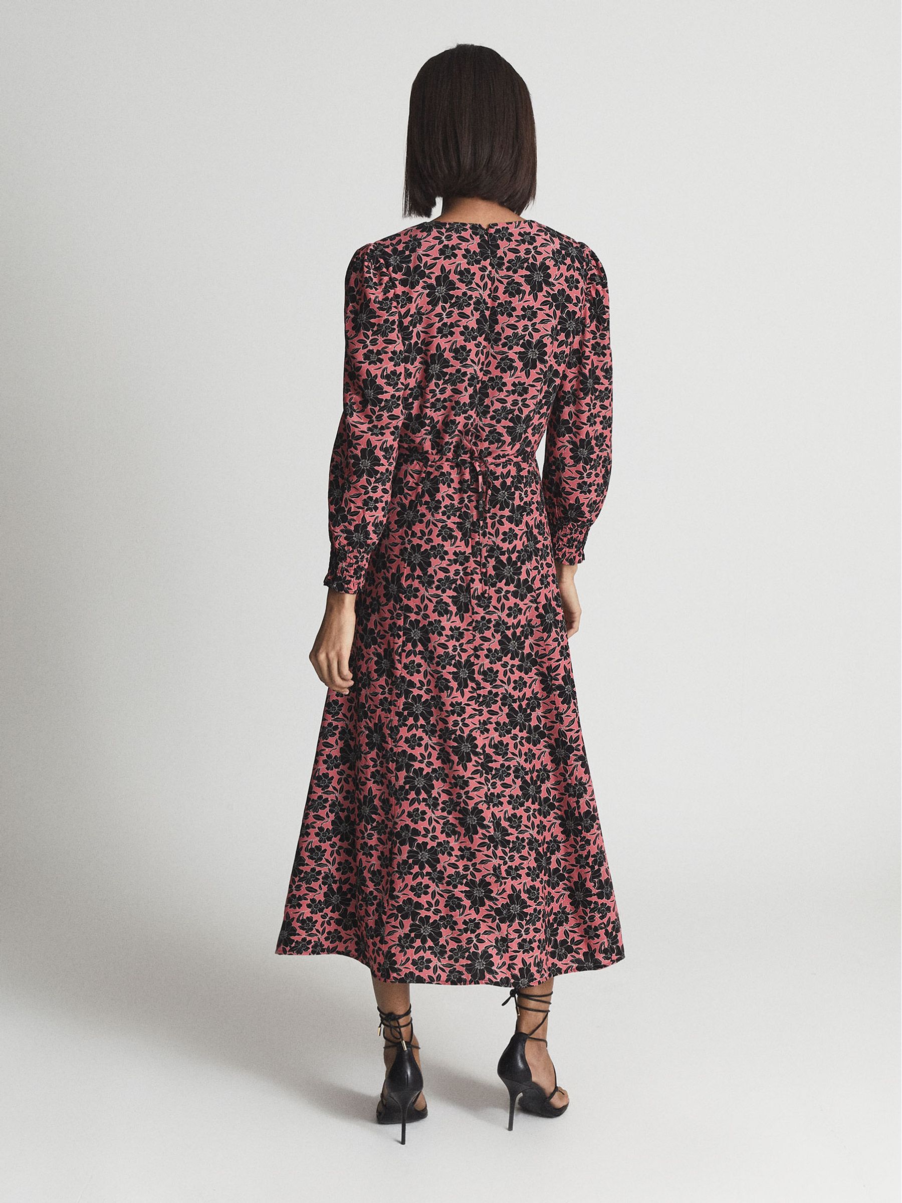 Reiss Crew Neck Printed Midi Dress in Black | REISS