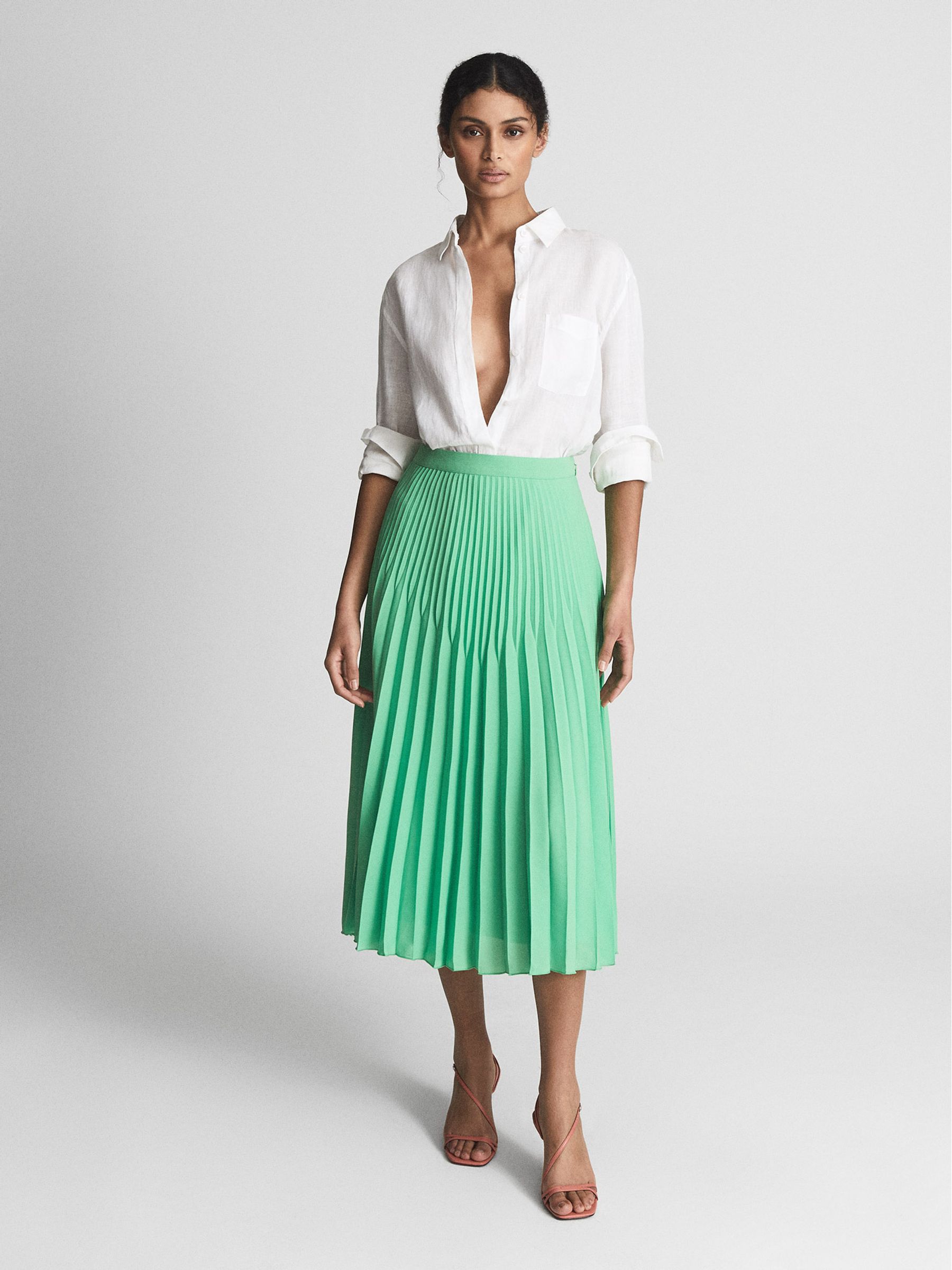 Pleated Midi Skirt in Green - Image 1 of 5
