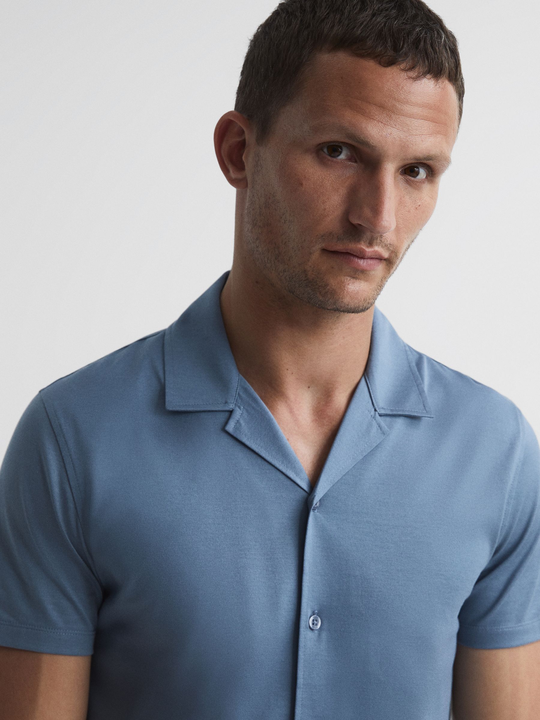 Mercerised Jersey Cuban Collar Shirt in Steel Blue - Image 7 of 7
