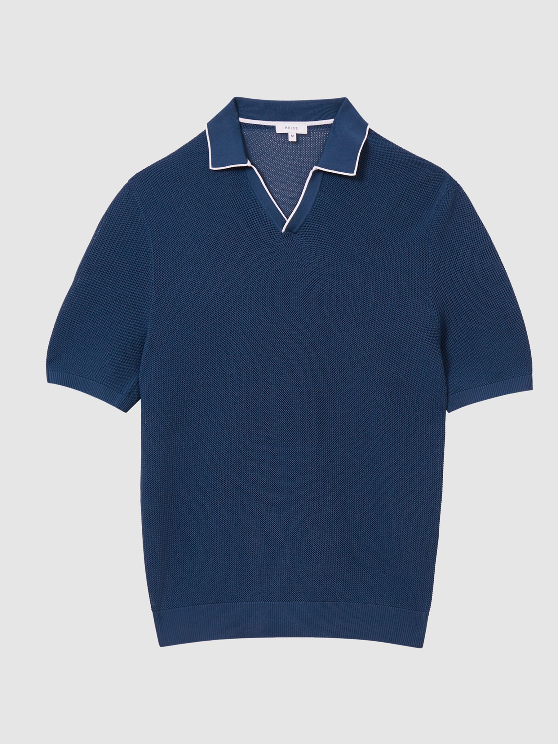 Open Collar Pointelle Polo Shirt in Navy Blue - Image 2 of 6