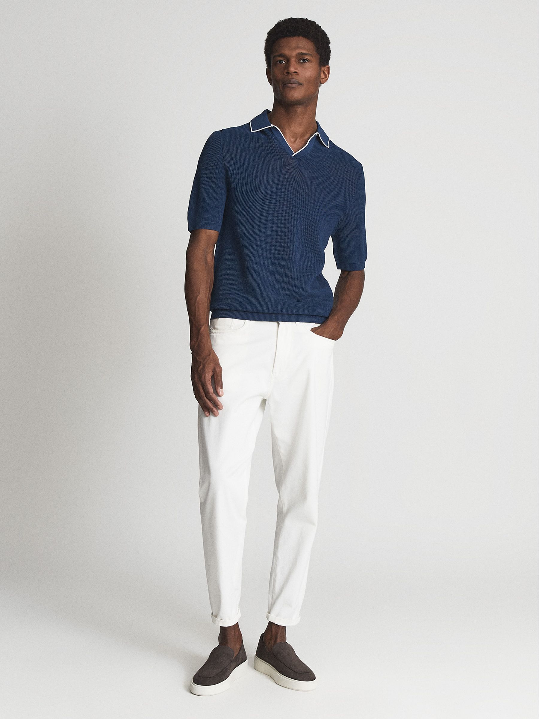 Open Collar Pointelle Polo Shirt in Navy Blue - Image 3 of 6