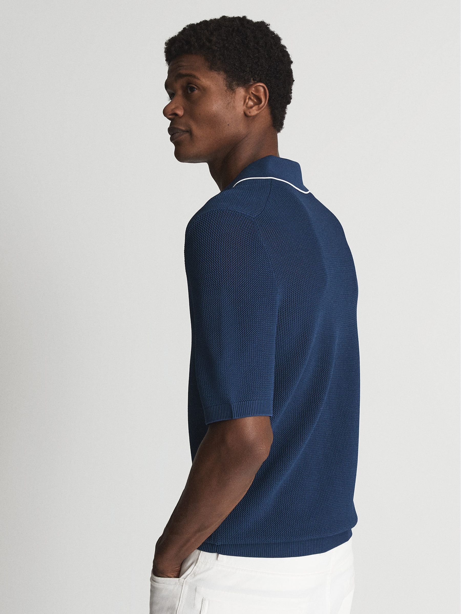 Open Collar Pointelle Polo Shirt in Navy Blue - Image 5 of 6