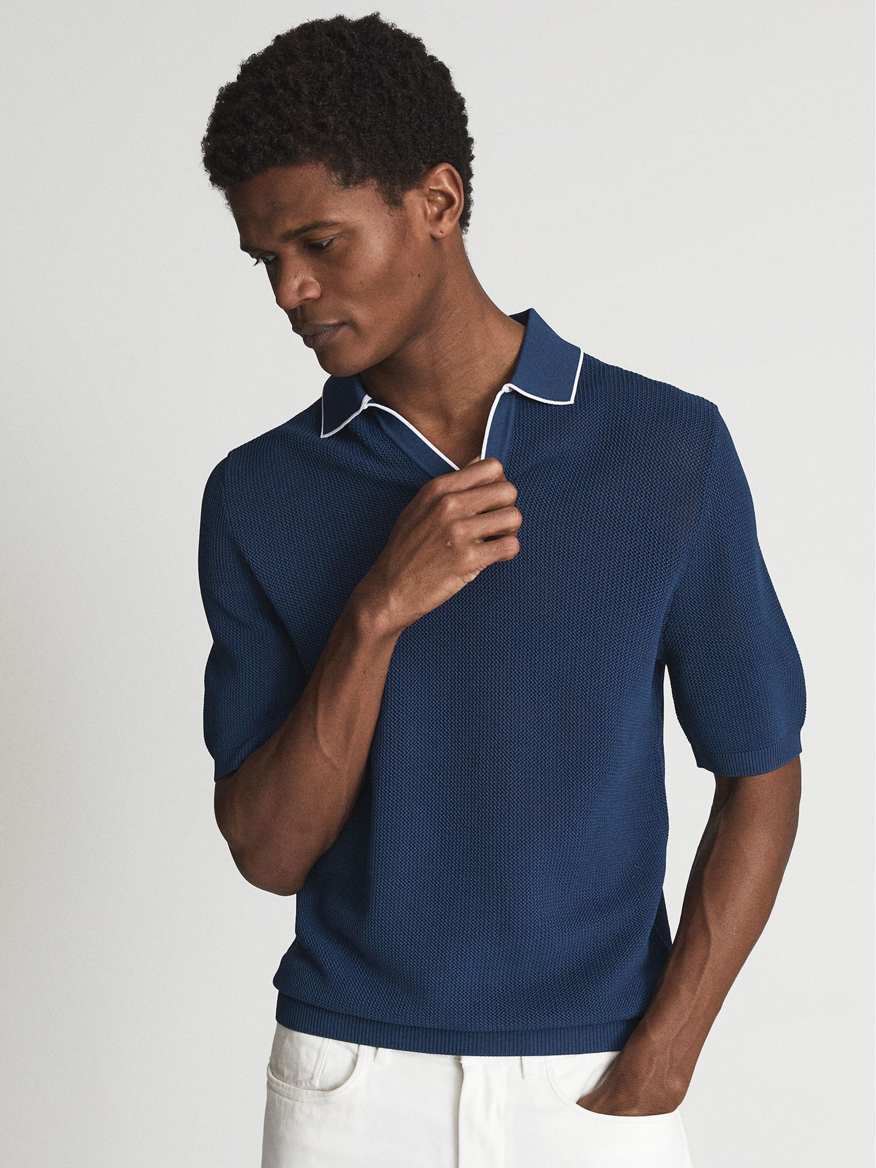 Open Collar Pointelle Polo Shirt in Navy Blue - Image 6 of 6