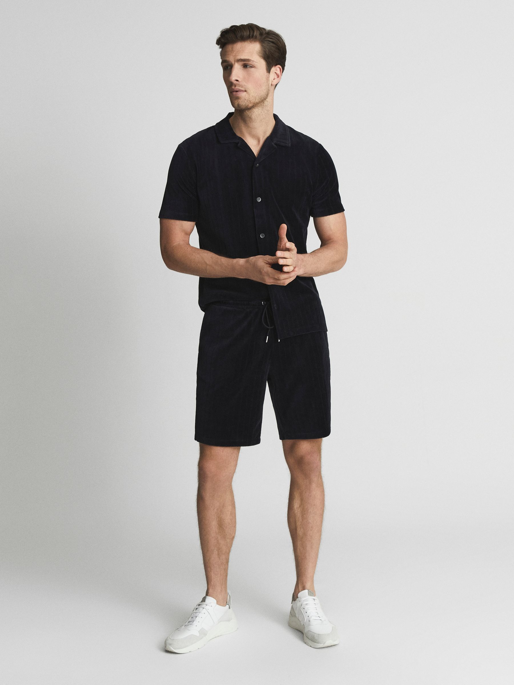 Striped Velour Shorts in Navy - Image 1 of 5