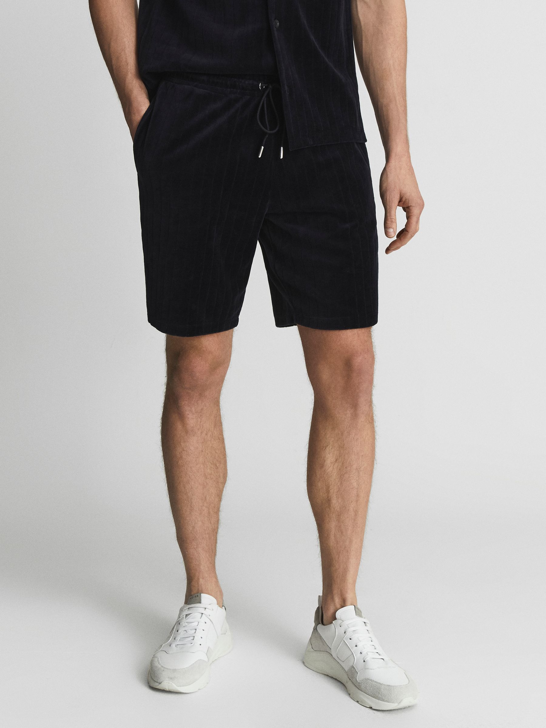 Striped Velour Shorts in Navy - Image 3 of 5