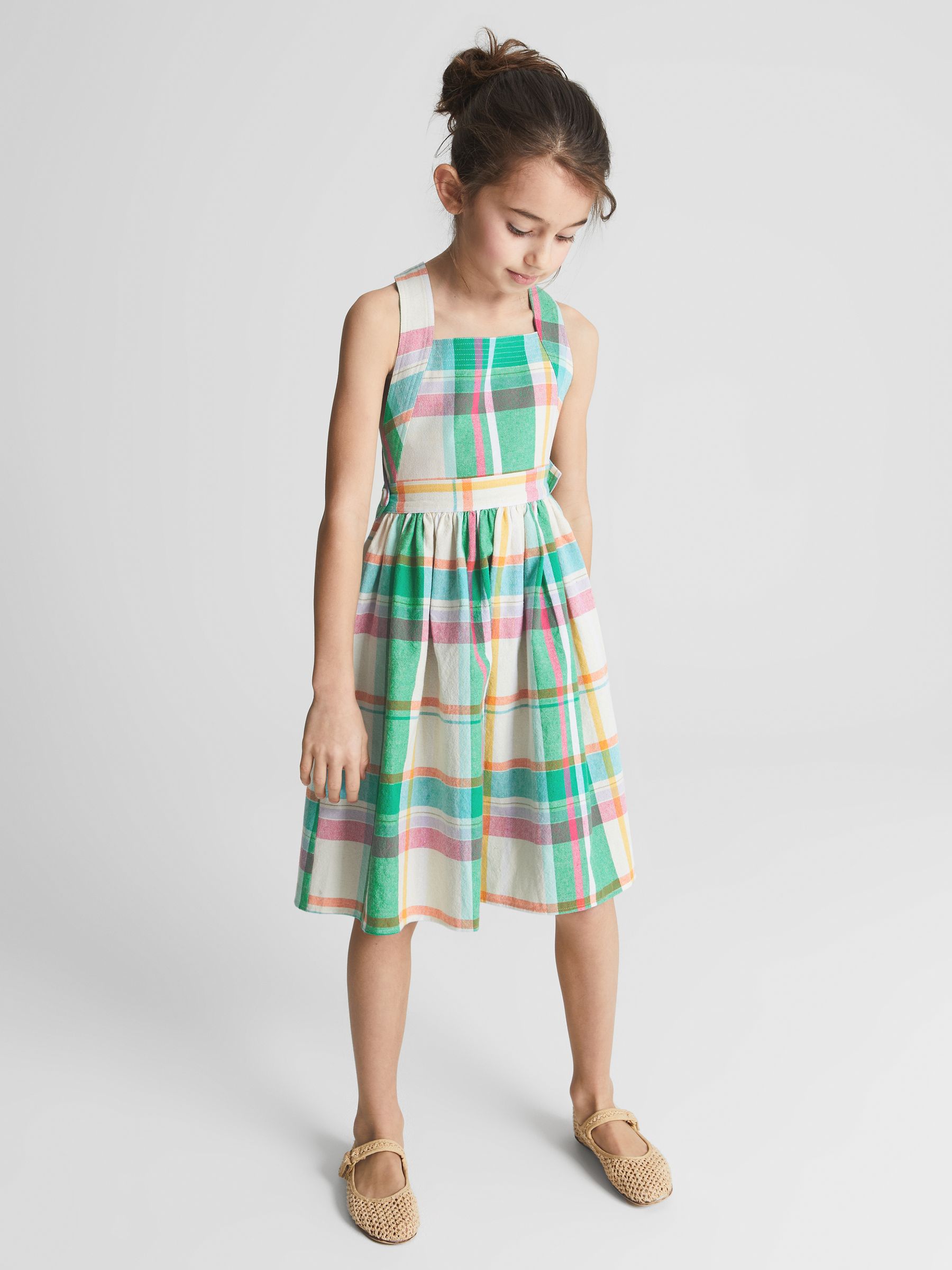 Cross Back Check Dress in Green Check - Image 1 of 5