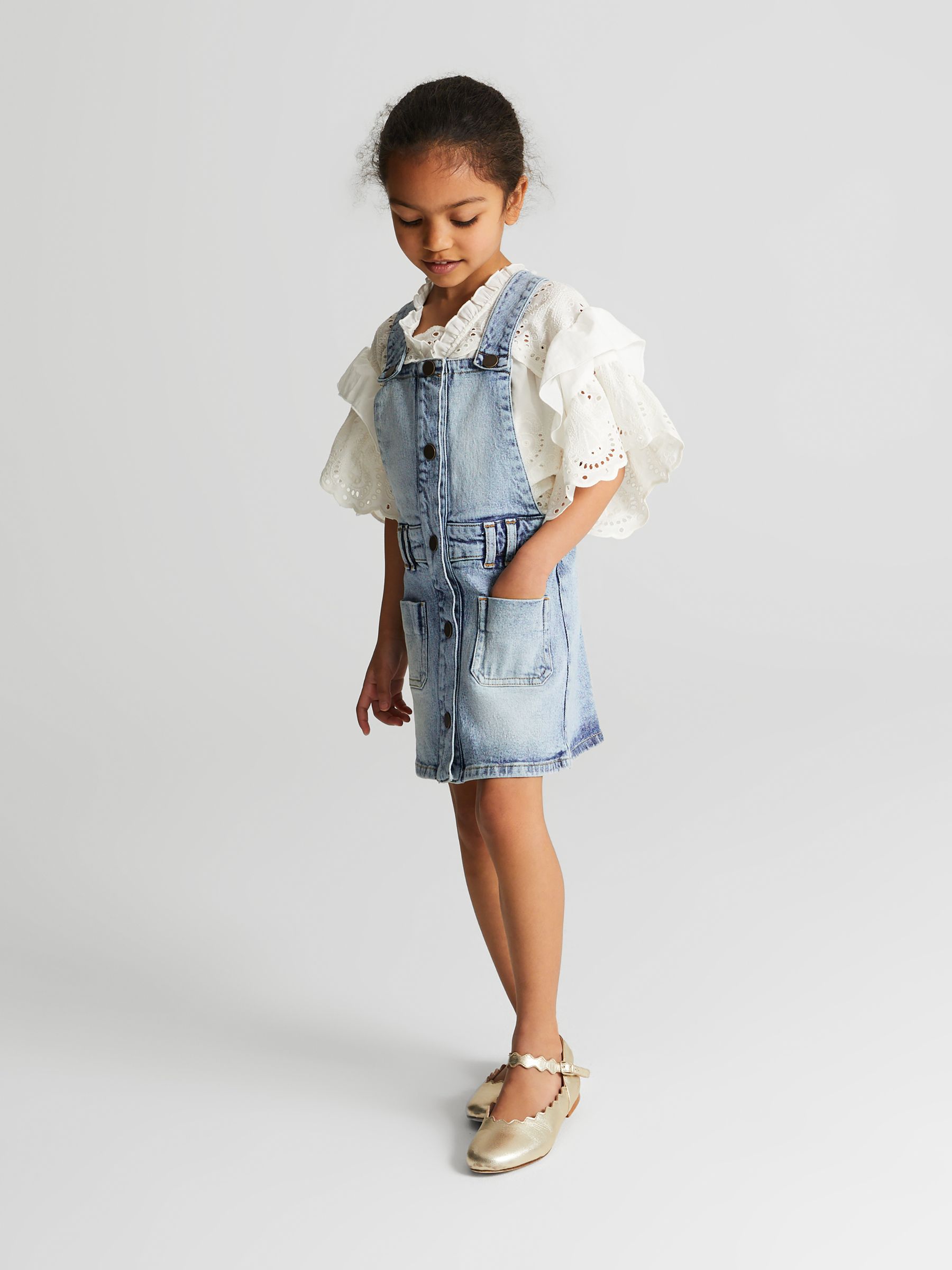 Denim Dungaree Dress in Mid Blue - Image 1 of 5