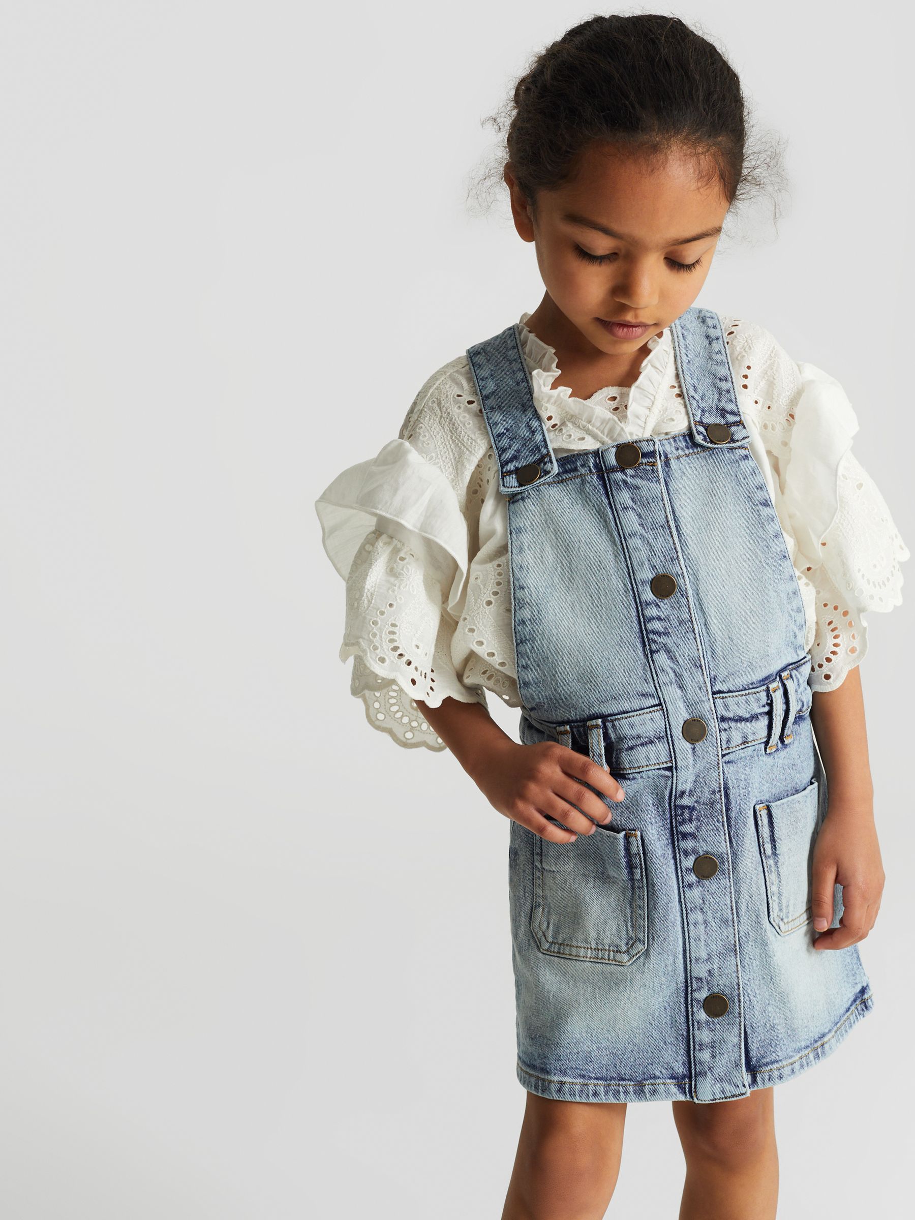 Denim Dungaree Dress in Mid Blue - Image 3 of 5