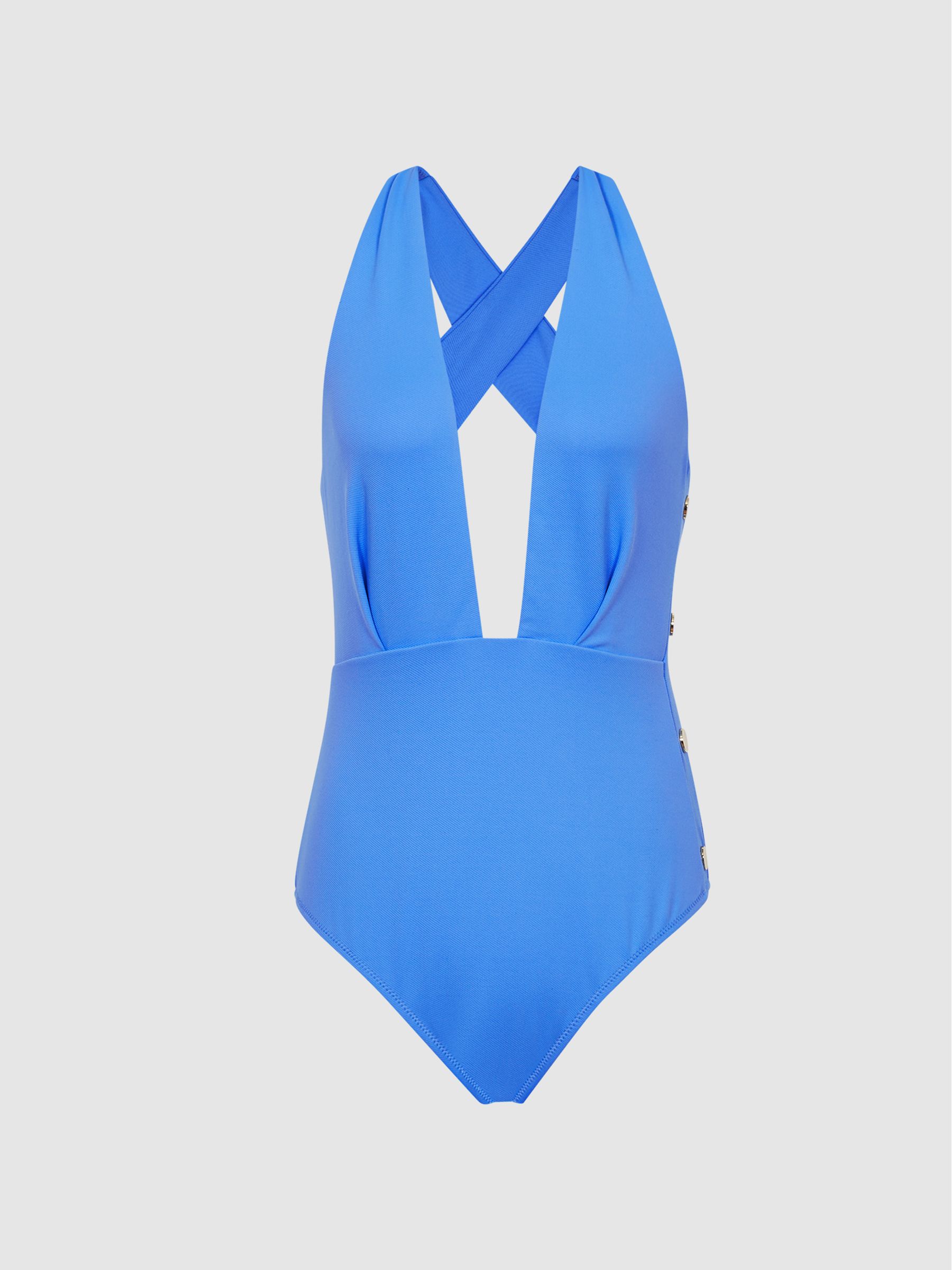 Plunge Swimsuit With Button Detail in Blue - Image 2 of 6