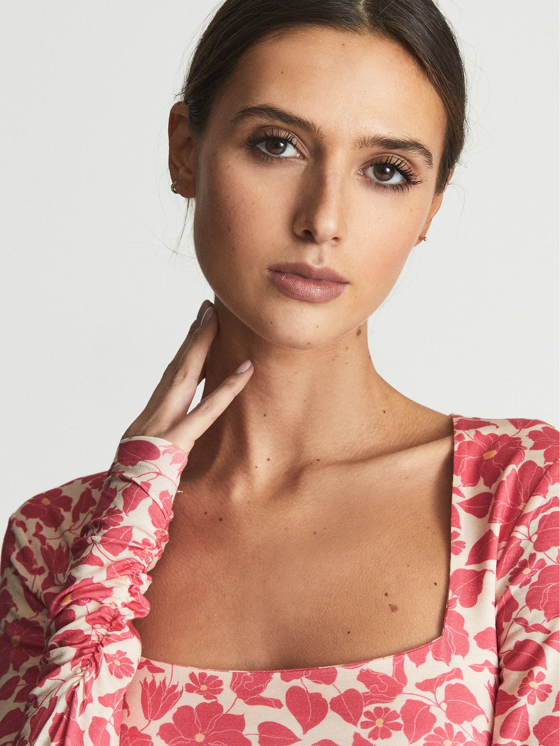 Printed Ruched Jersey Top in Pink Print - Image 1 of 5