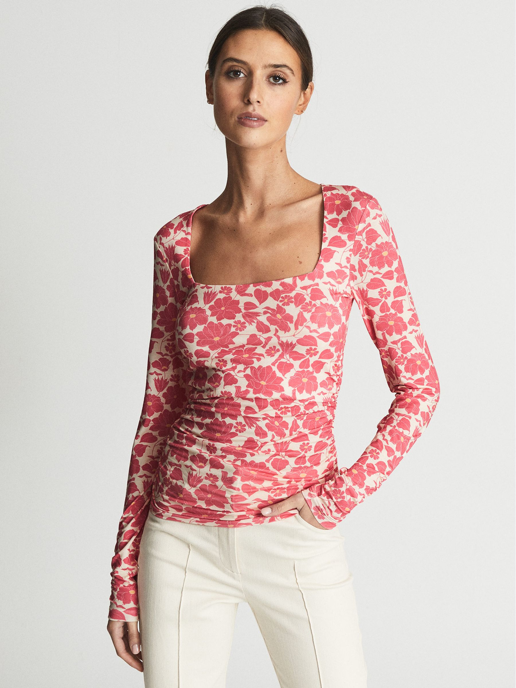 Printed Ruched Jersey Top in Pink Print - Image 4 of 5