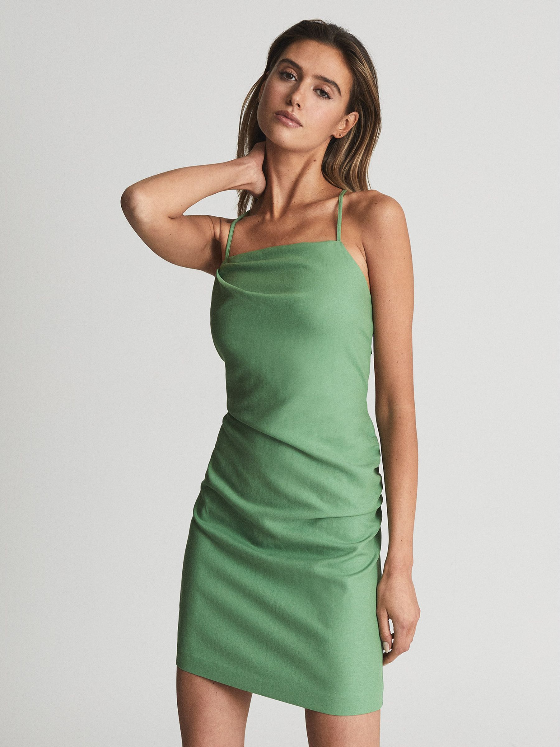 Stretch Linen Bodycon Mini Dress in Green - Image 1 of 8