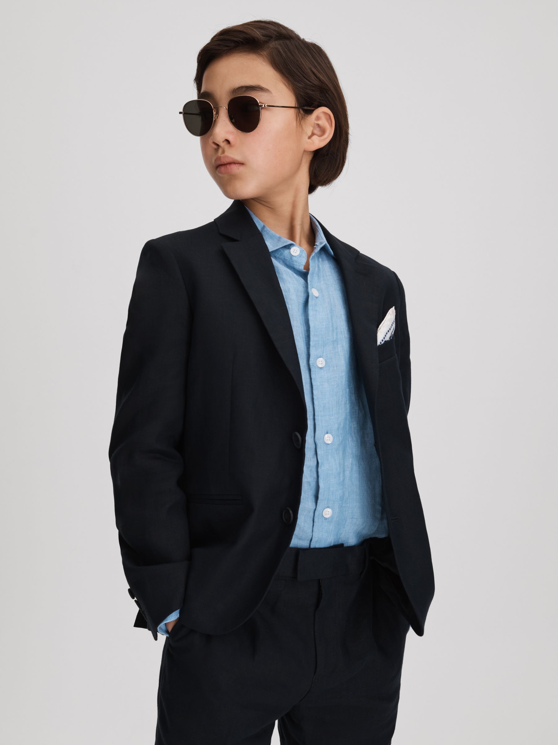 3-9 yrs Slim Fit Single Breasted Linen Blazer in Navy - Image 3 of 4