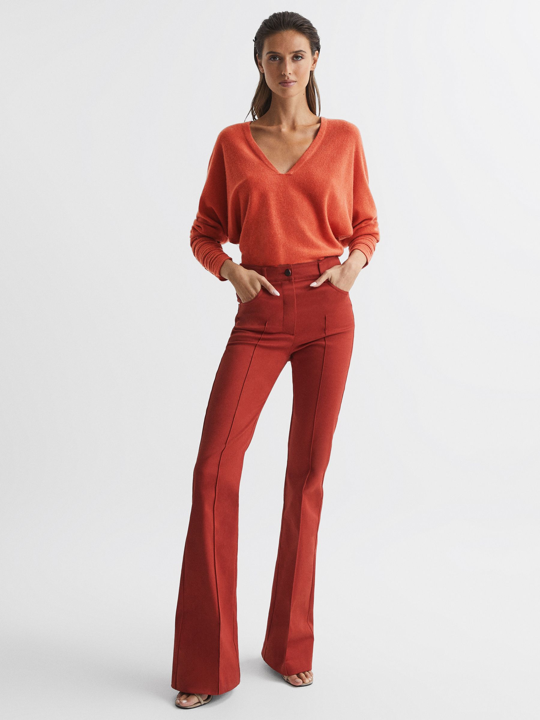 V-Neck Cashmere Blend Jumper in Orange - Image 3 of 7