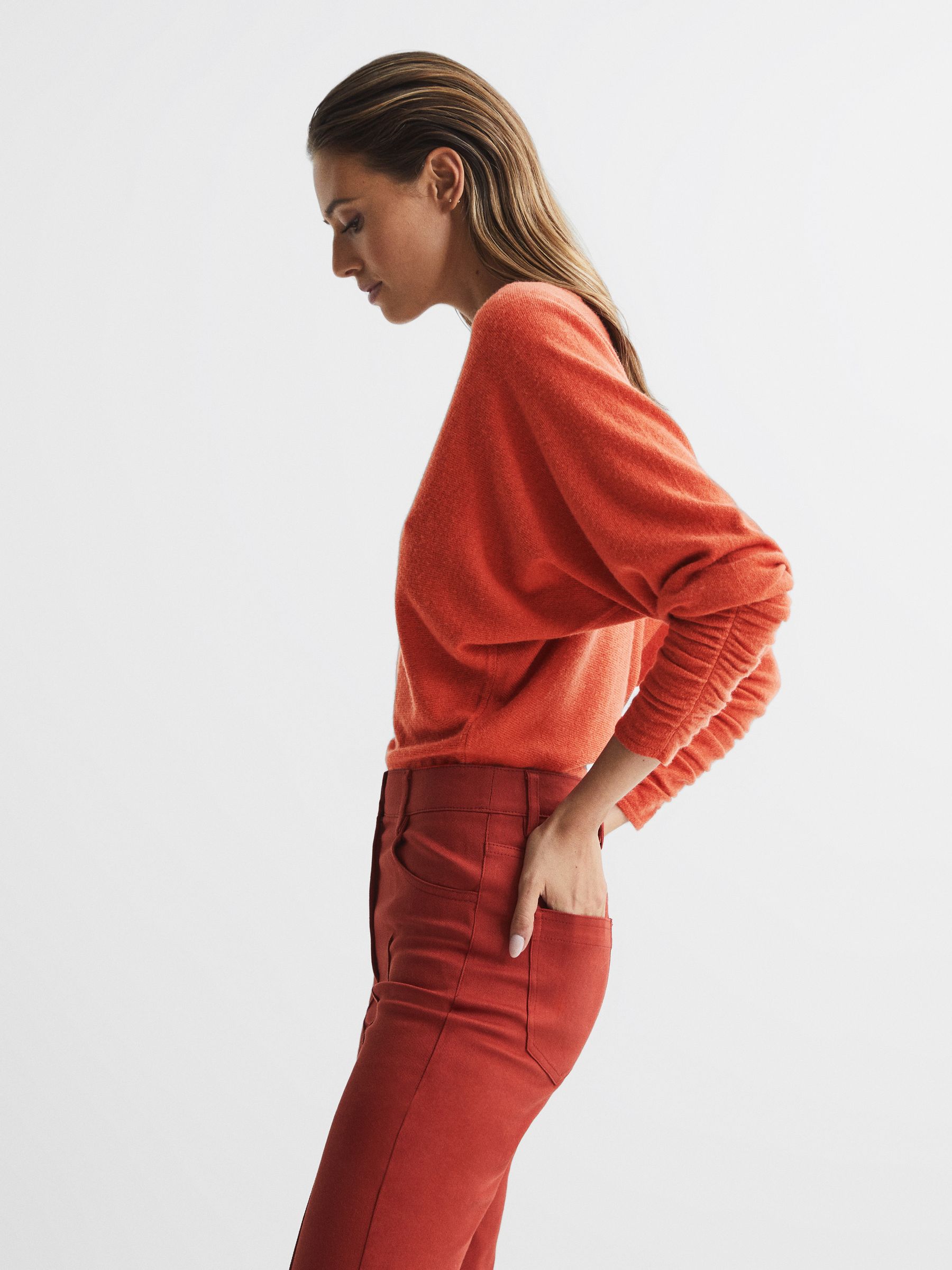 V-Neck Cashmere Blend Jumper in Orange - Image 6 of 7