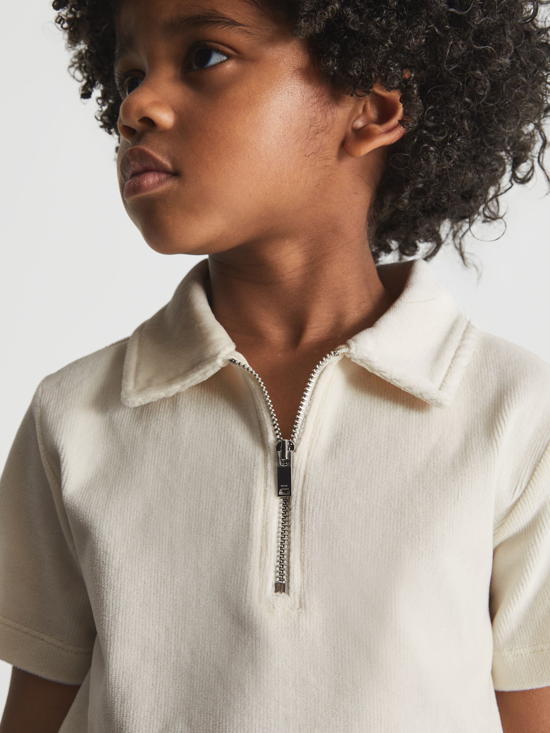 Velour Zip Neck Polo T-Shirt in Ecru - Image 1 of 6