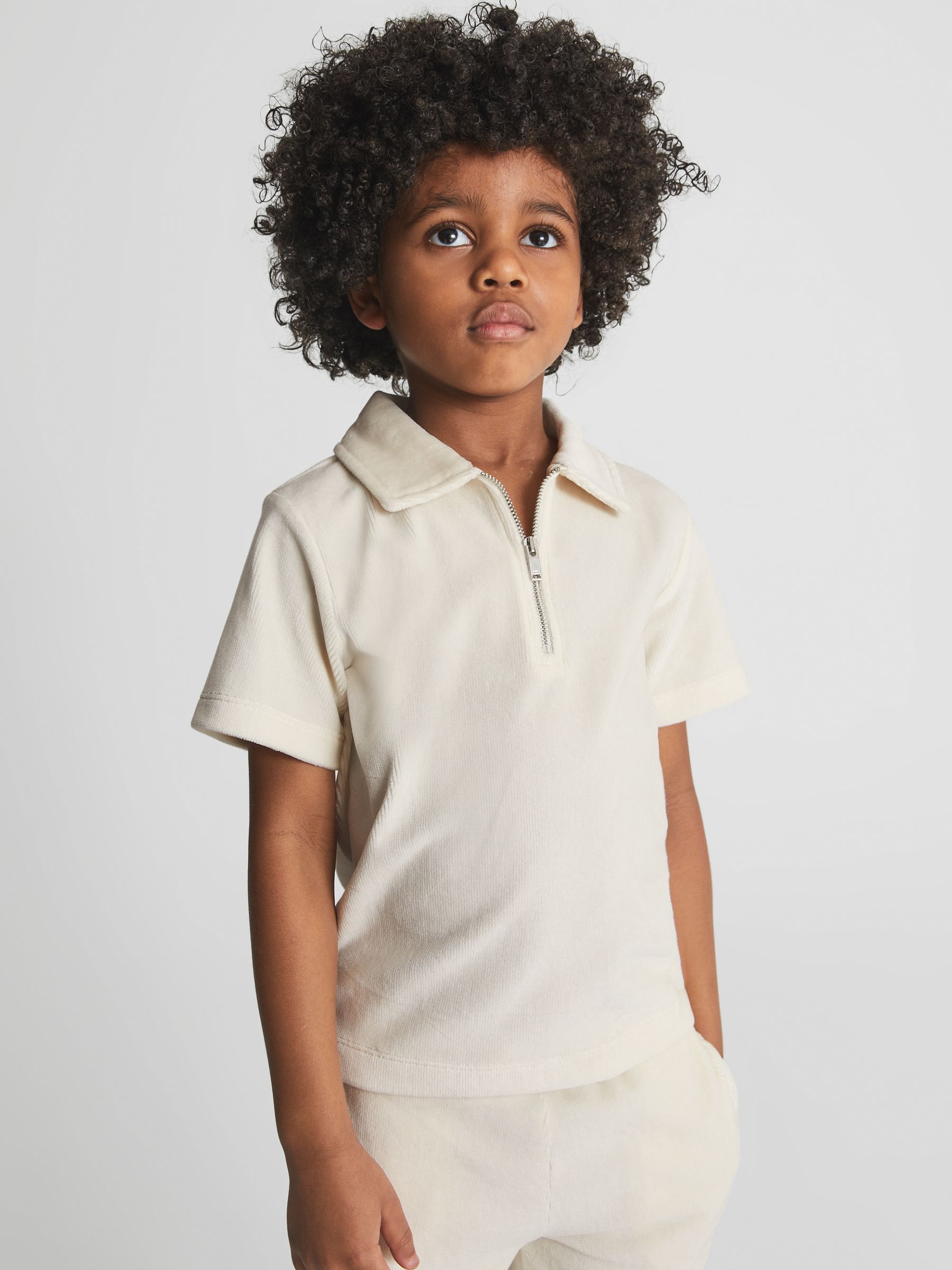 Velour Zip Neck Polo T-Shirt in Ecru - Image 3 of 6